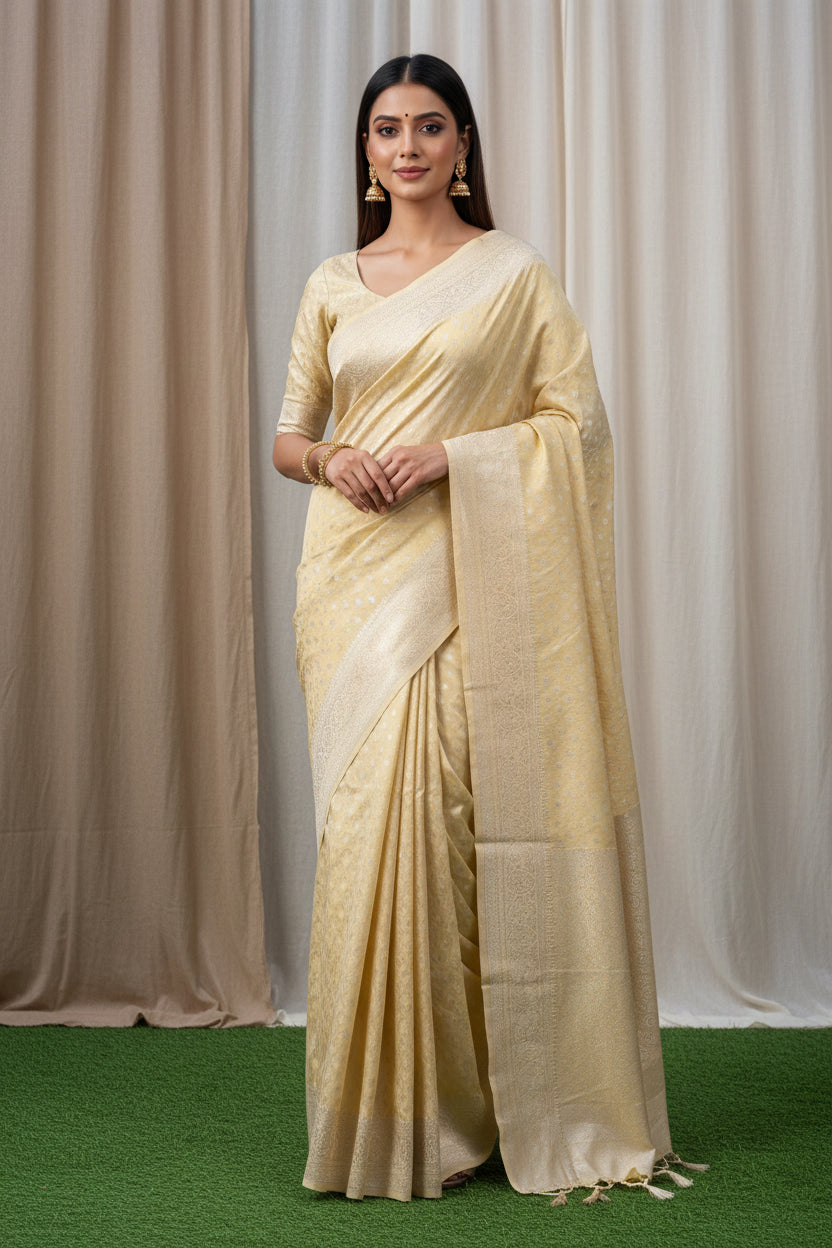 Woman wearing a beige saree with a plain background