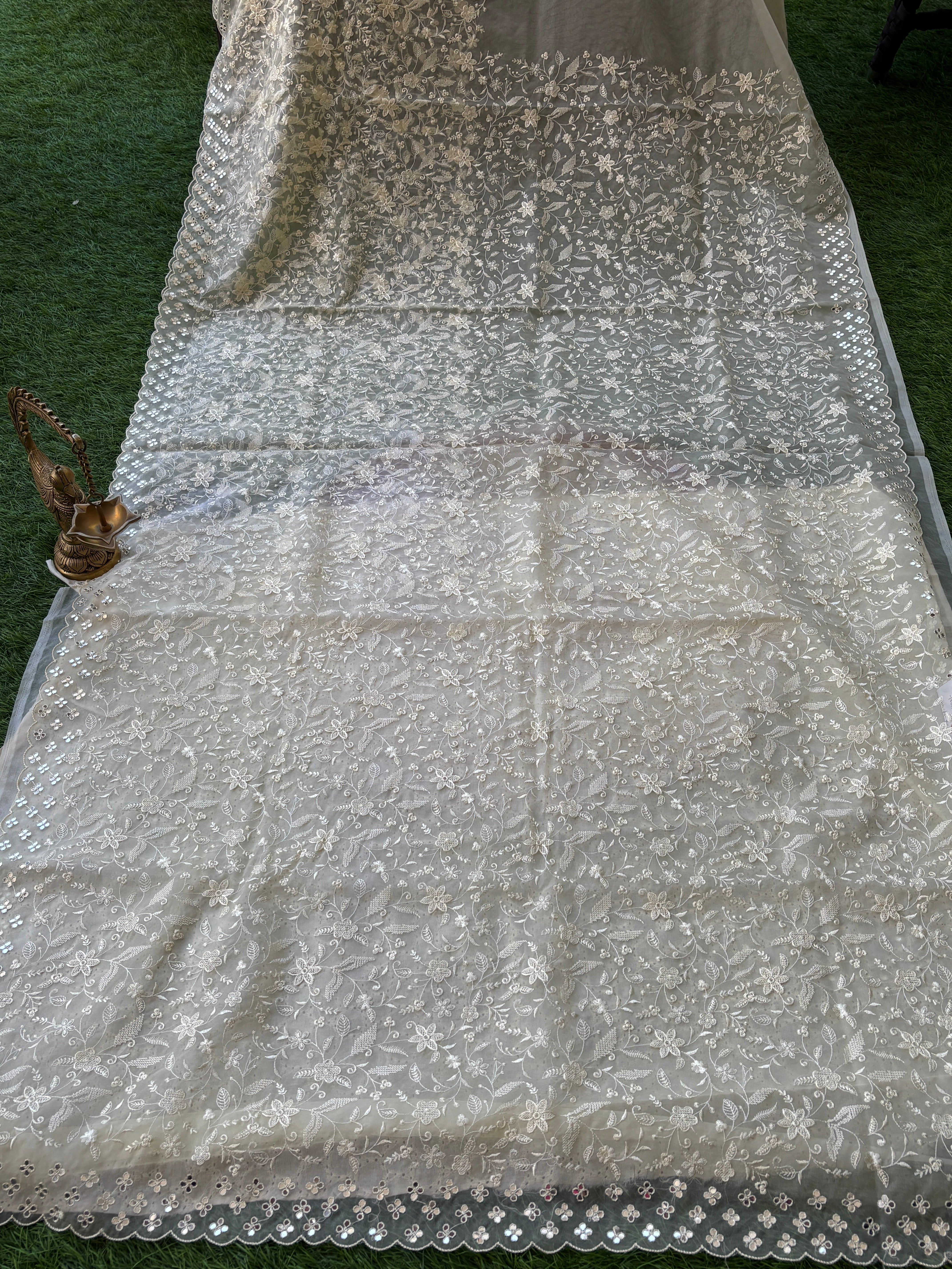 Off White Pure Organza Saree with Allover Thread Embroidery & Cutwork | Chandrika Lifestyles