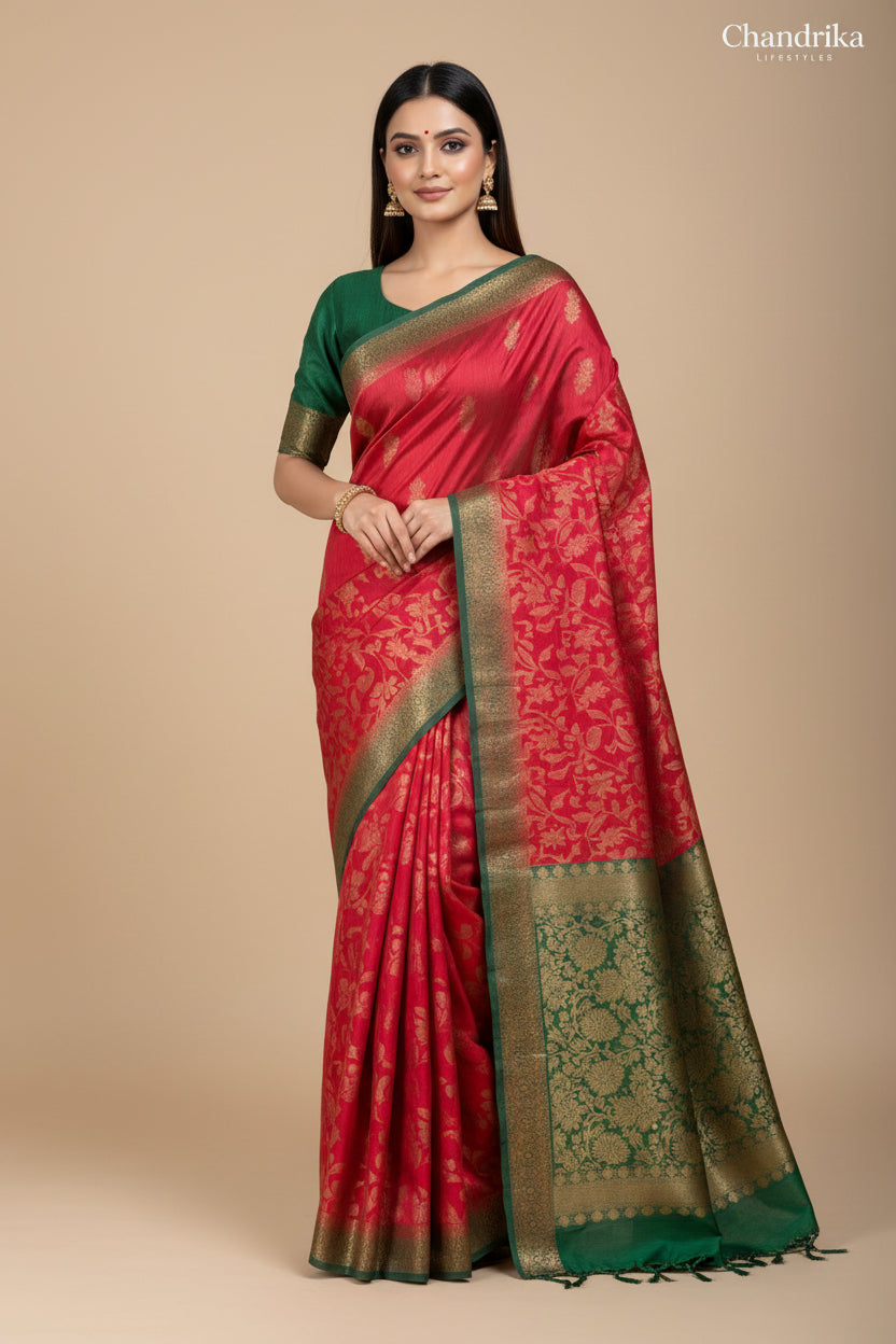 Red Banarasi Cotton Saree with Allover Weaving & Green Border | Chandrika Lifestyles