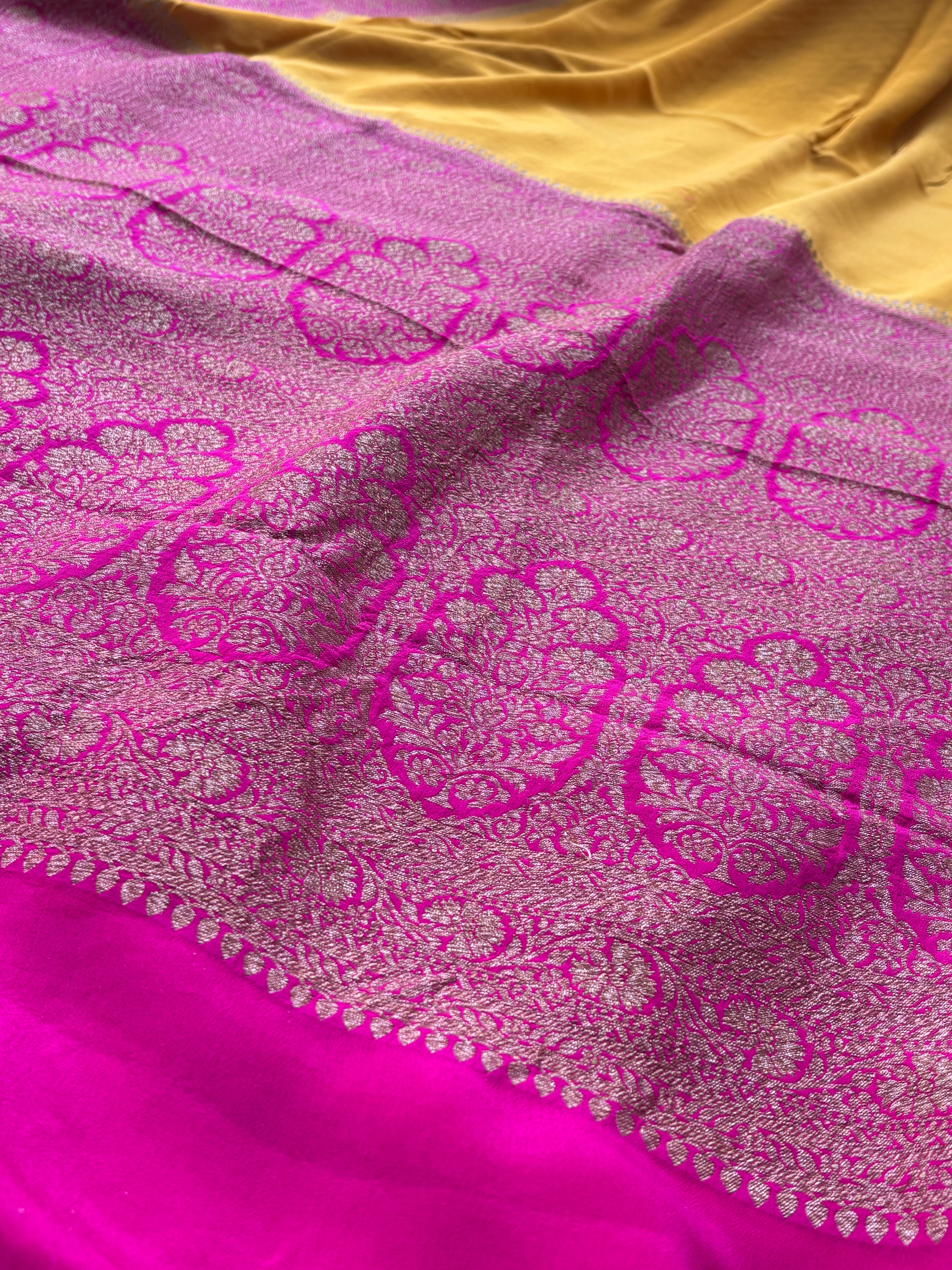 Mango Yellow Pure Banarasi Khaddi Crepe Silk Saree with Pink Border & Pallu | Chandrika Lifestyles