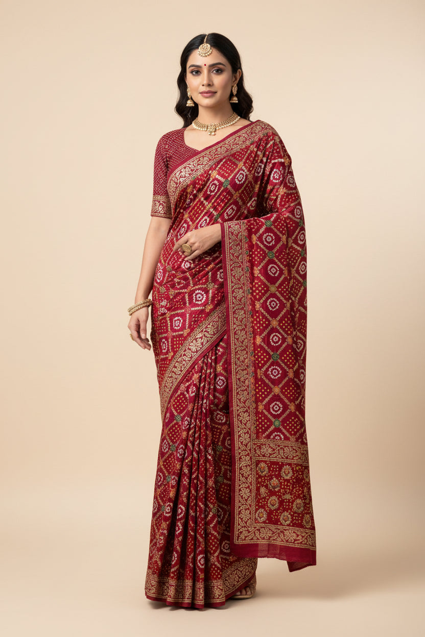 Blood Red Gajji Silk Bandhej Saree with Zari Weaving | Chandrika Lifestyles