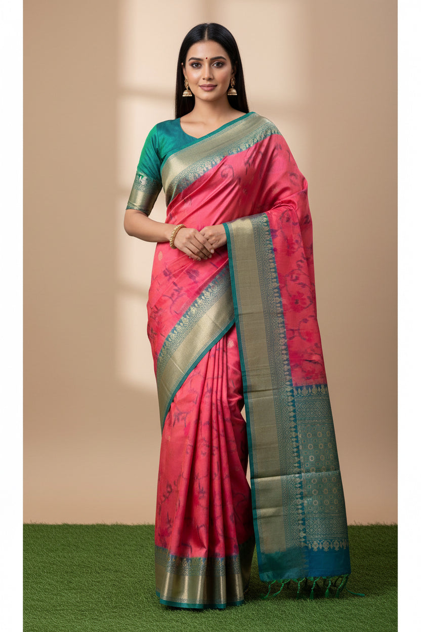 Pure Silk Peach Pink Saree with Zari Bootas, Green Border and Ikat Pallu