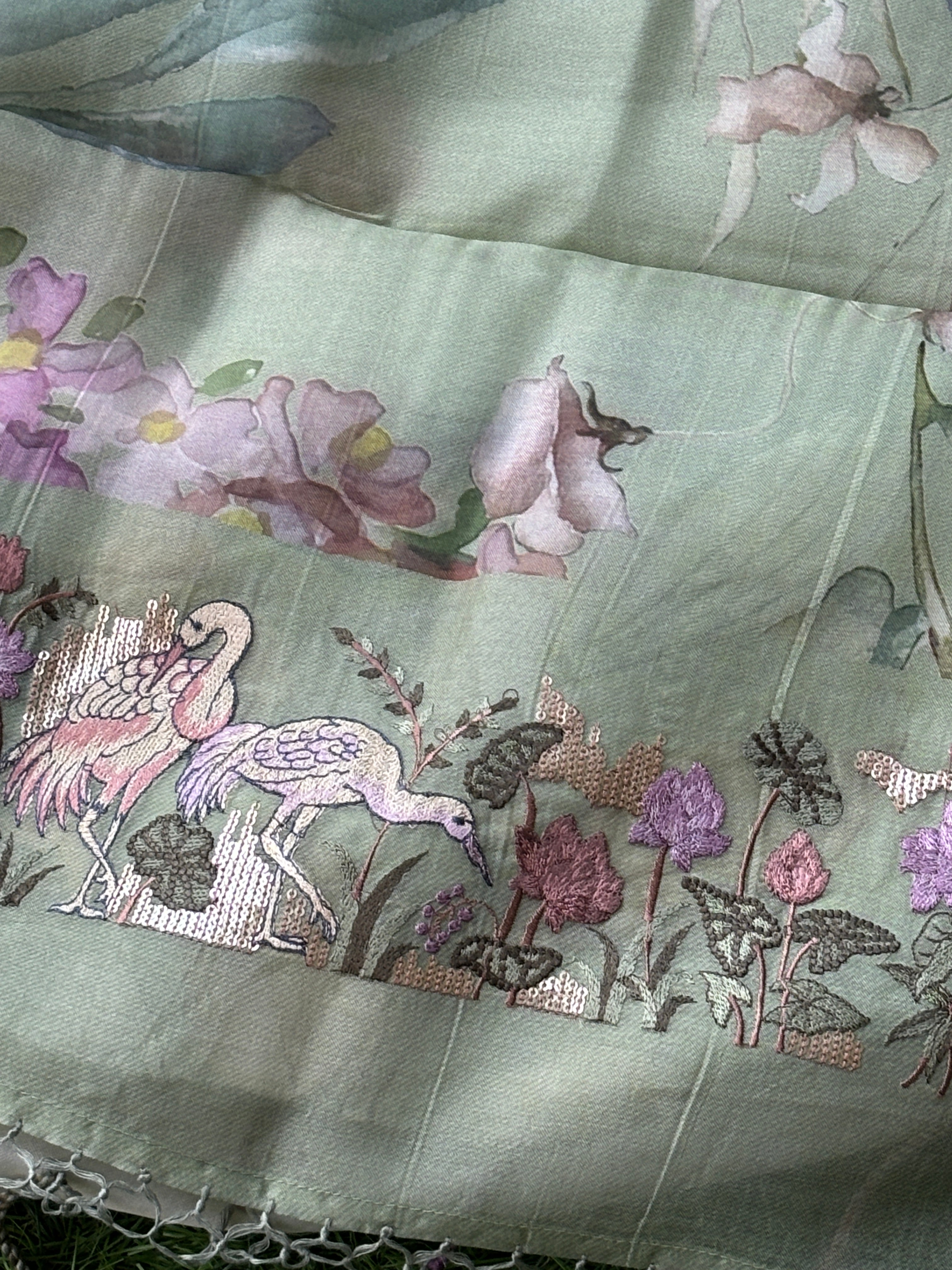 Pure Pista Green Organza Saree with Figure & Floral Embroidery and Digital Print | Chandrika Lifestyles