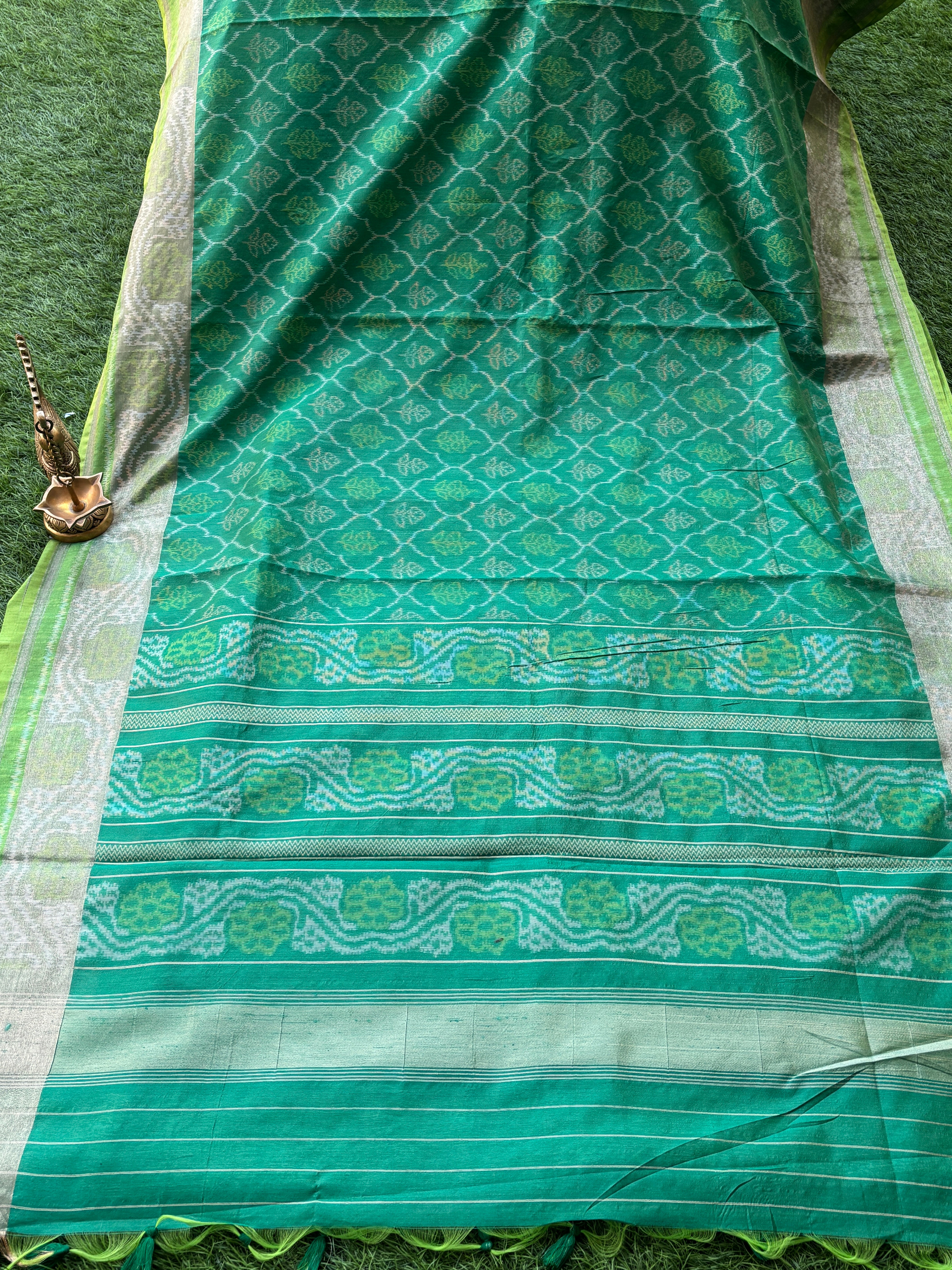 Green Art Tussar Silk Saree with Allover Ikat Print | Chandrika Lifestyles