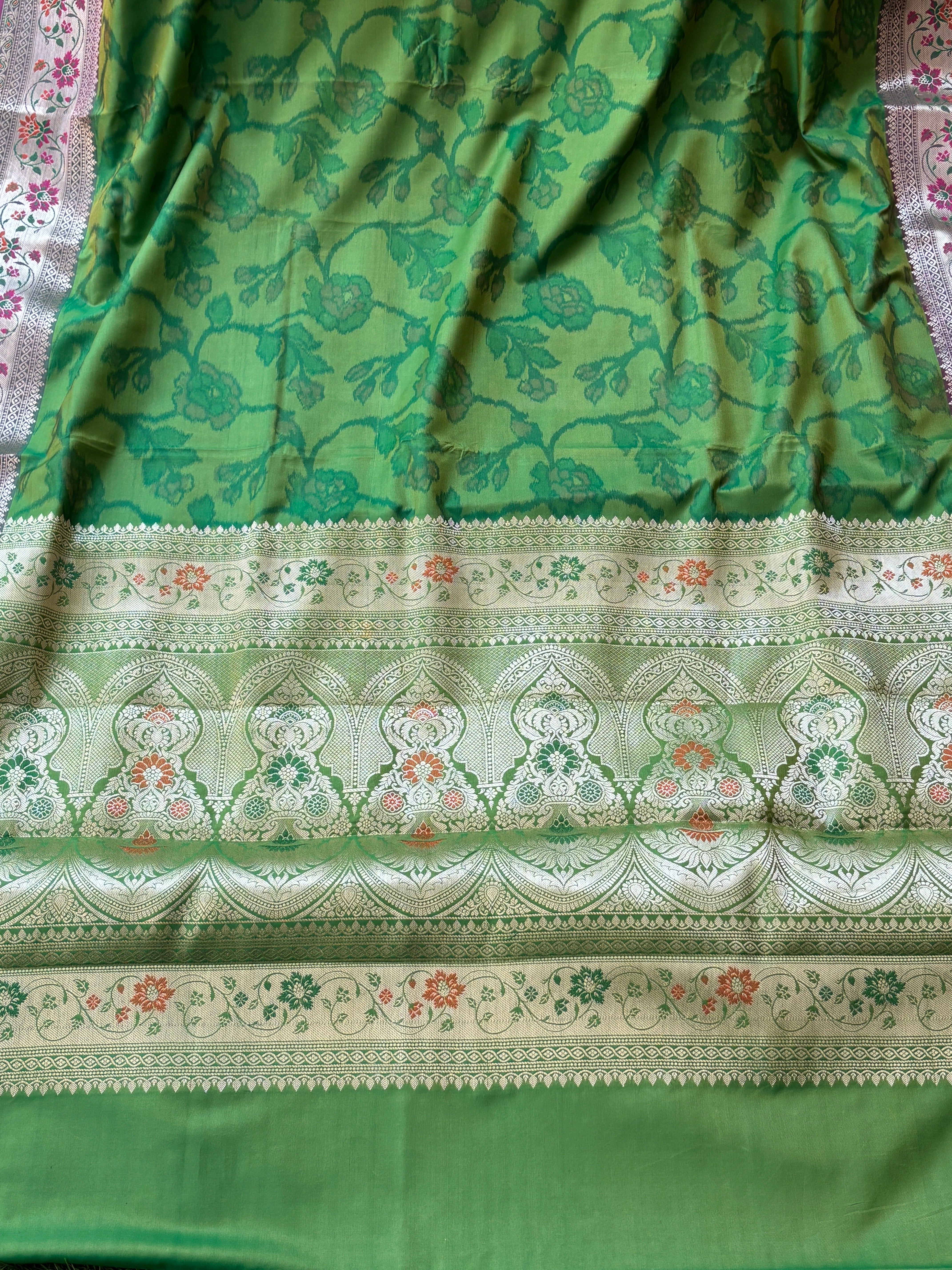 Green Art Silk Ikkat Printed Saree with Banarasi pink Border & green Blouse