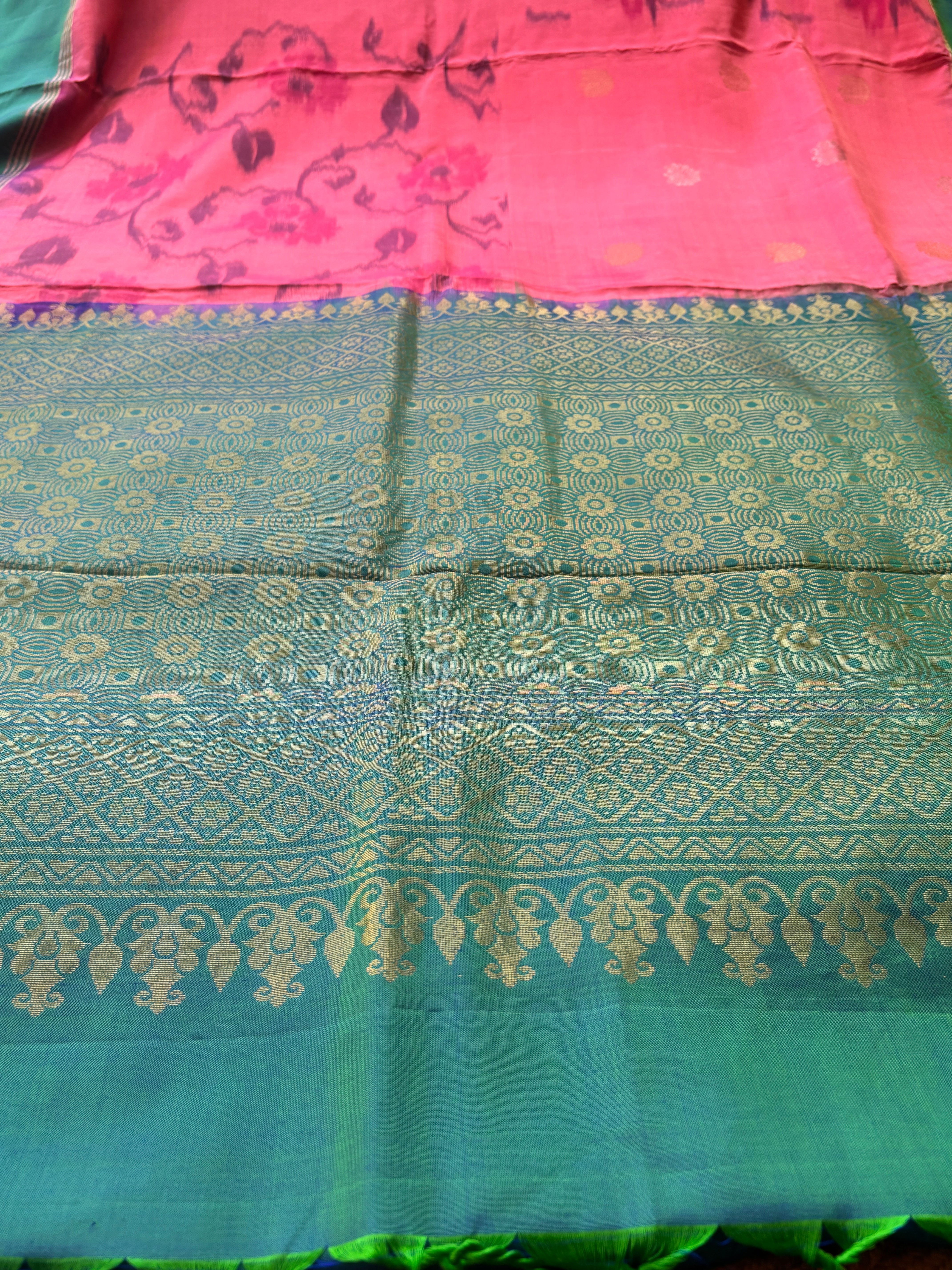 Pure Silk Peach Pink Saree with Zari Bootas, Green Border and Ikat Pallu
