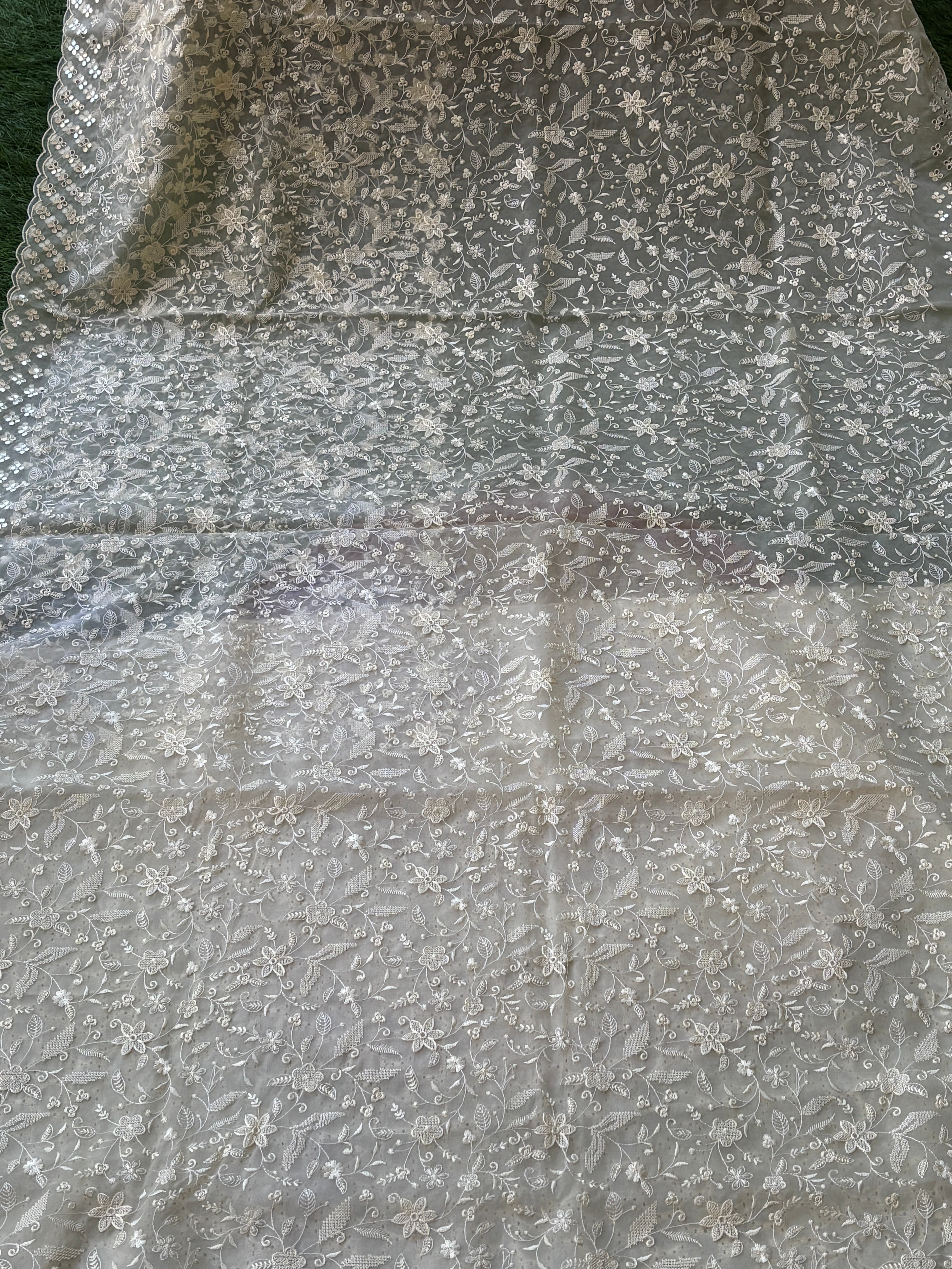Off White Pure Organza Saree with Allover Thread Embroidery & Cutwork | Chandrika Lifestyles