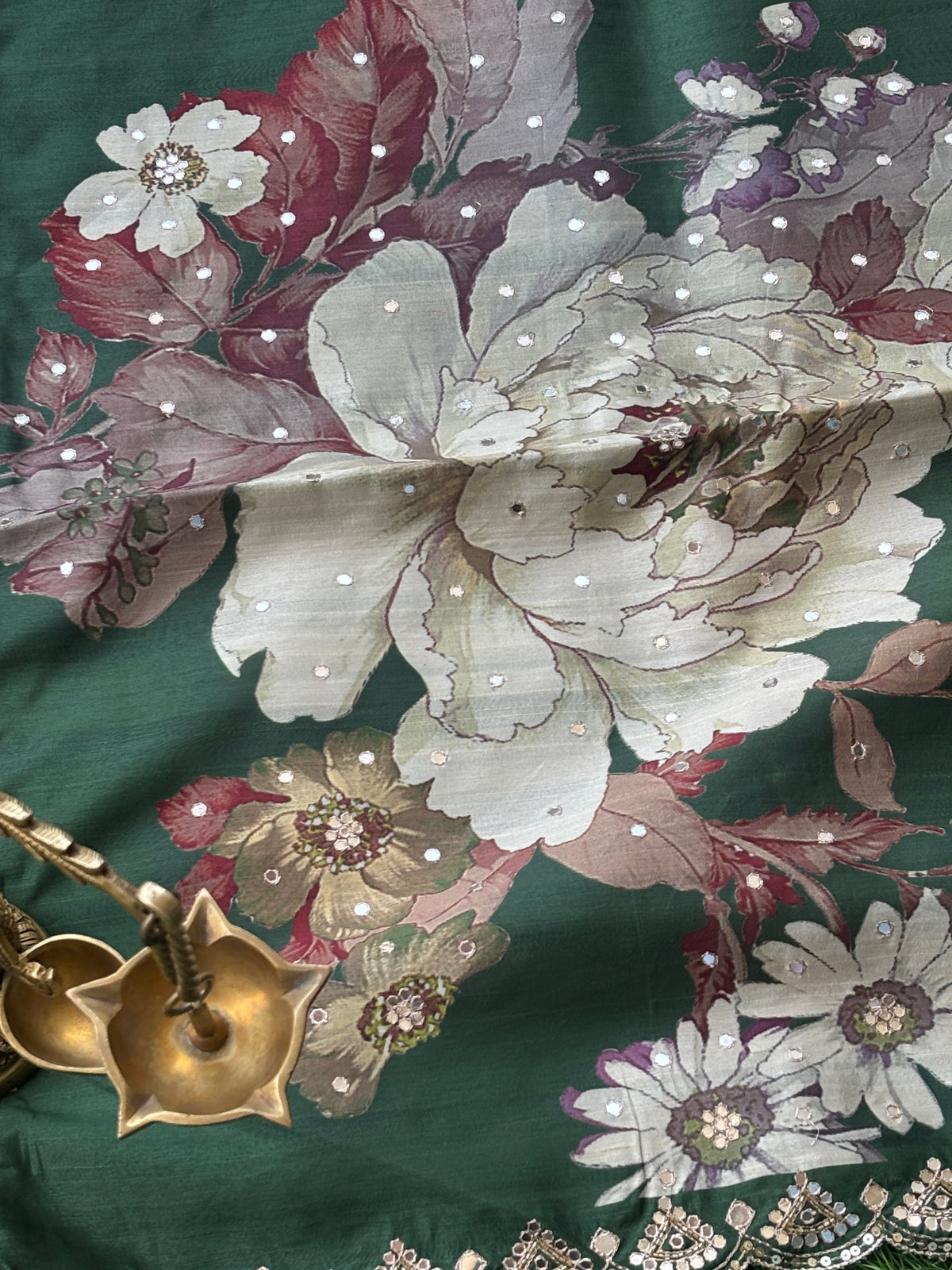Elegant Bottle Green Pure Tusser Silk Saree with Digital Floral Print & Mirror Work Border
