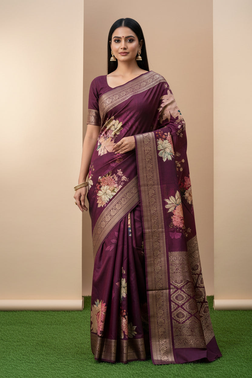 Model wearing Bright Dark Wine Purple Pure Silk Saree with Kanchipuram Zari Border