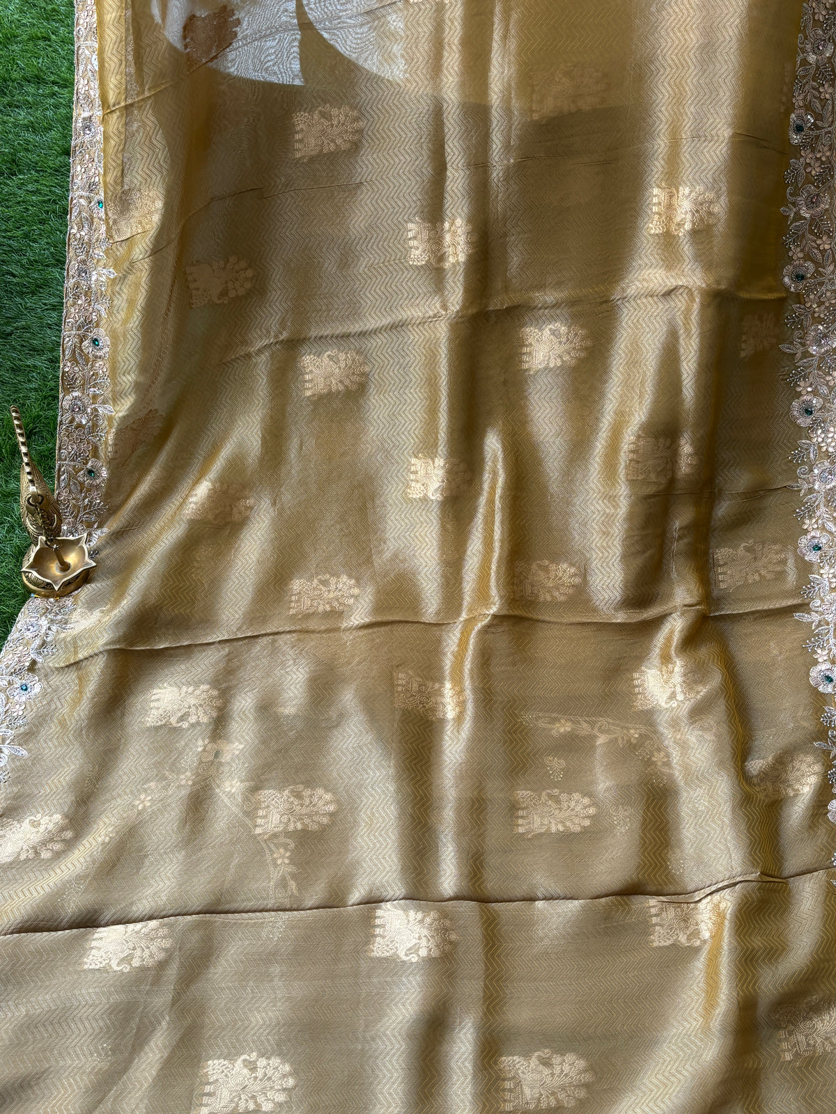 Royal Biscuit Beige Pure Tissue Silk Saree with Zigzag Weaving, Buta Work & Heavy Zardozi Border