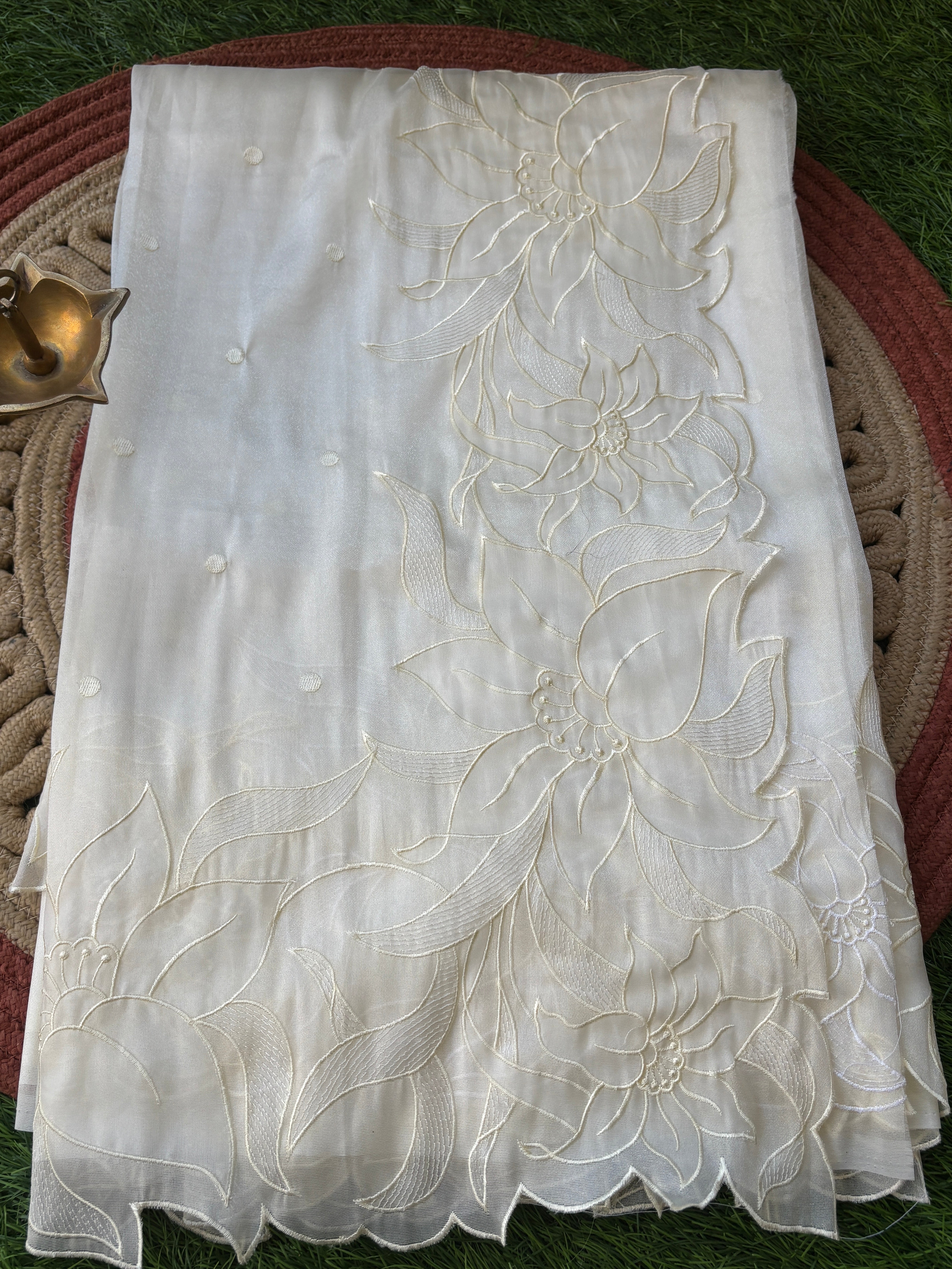 Pure Organza Saree in Off White with Elegant Cutwork Border