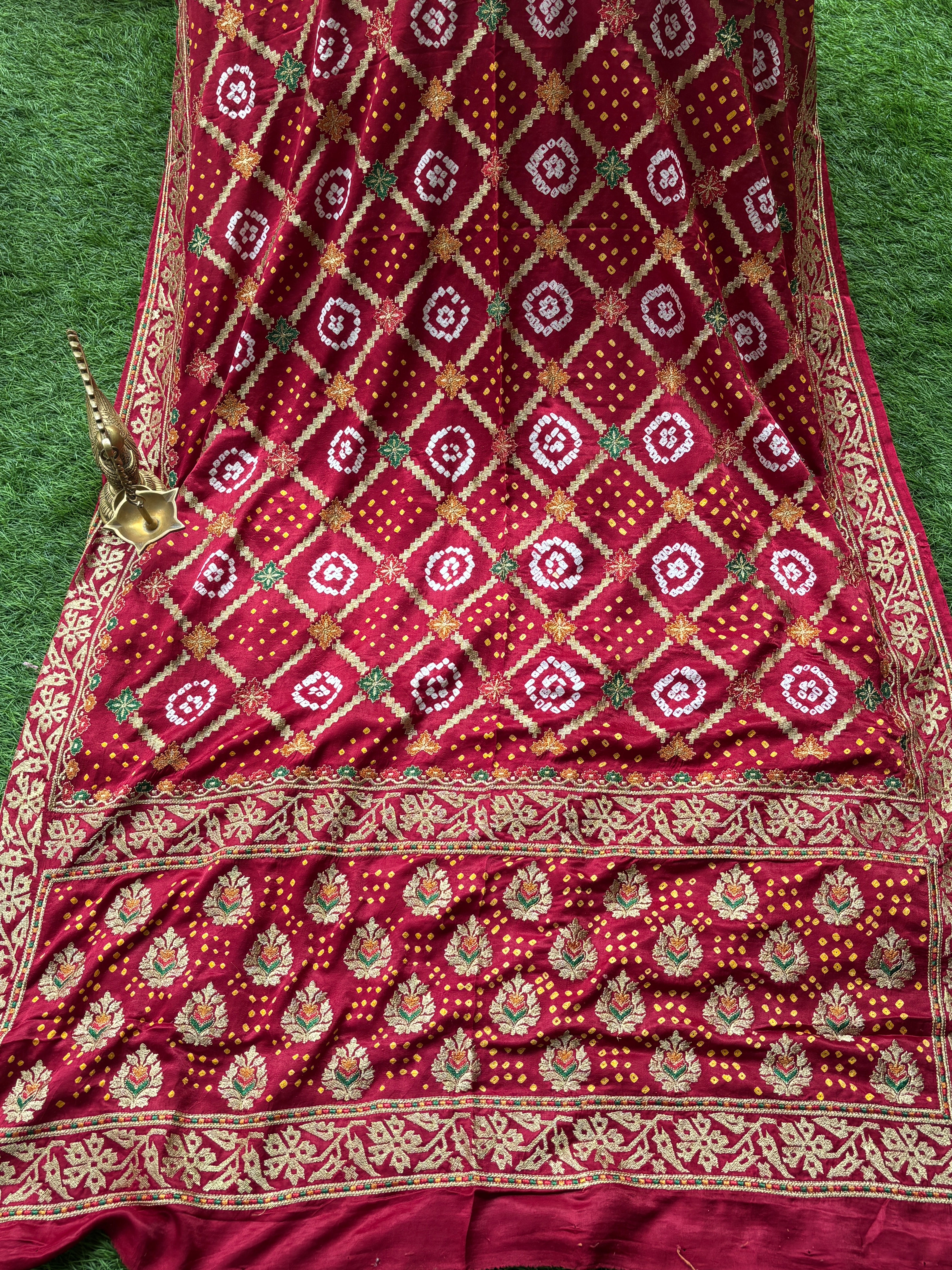 Blood Red Gajji Silk Bandhej Saree with Zari Weaving | Chandrika Lifestyles