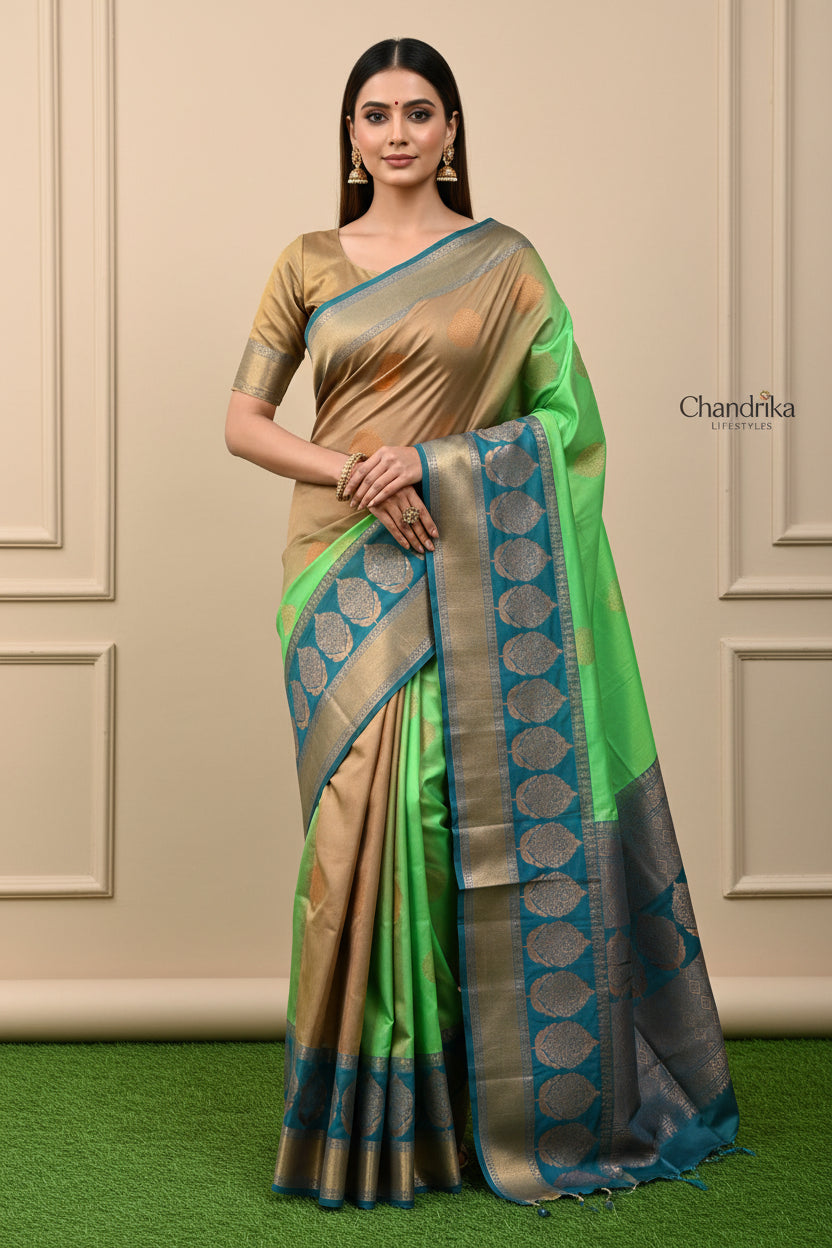 Model wearing Pastel Green and Pastel Brown Half and Half Kanchipuram Silk Saree with Zari Border