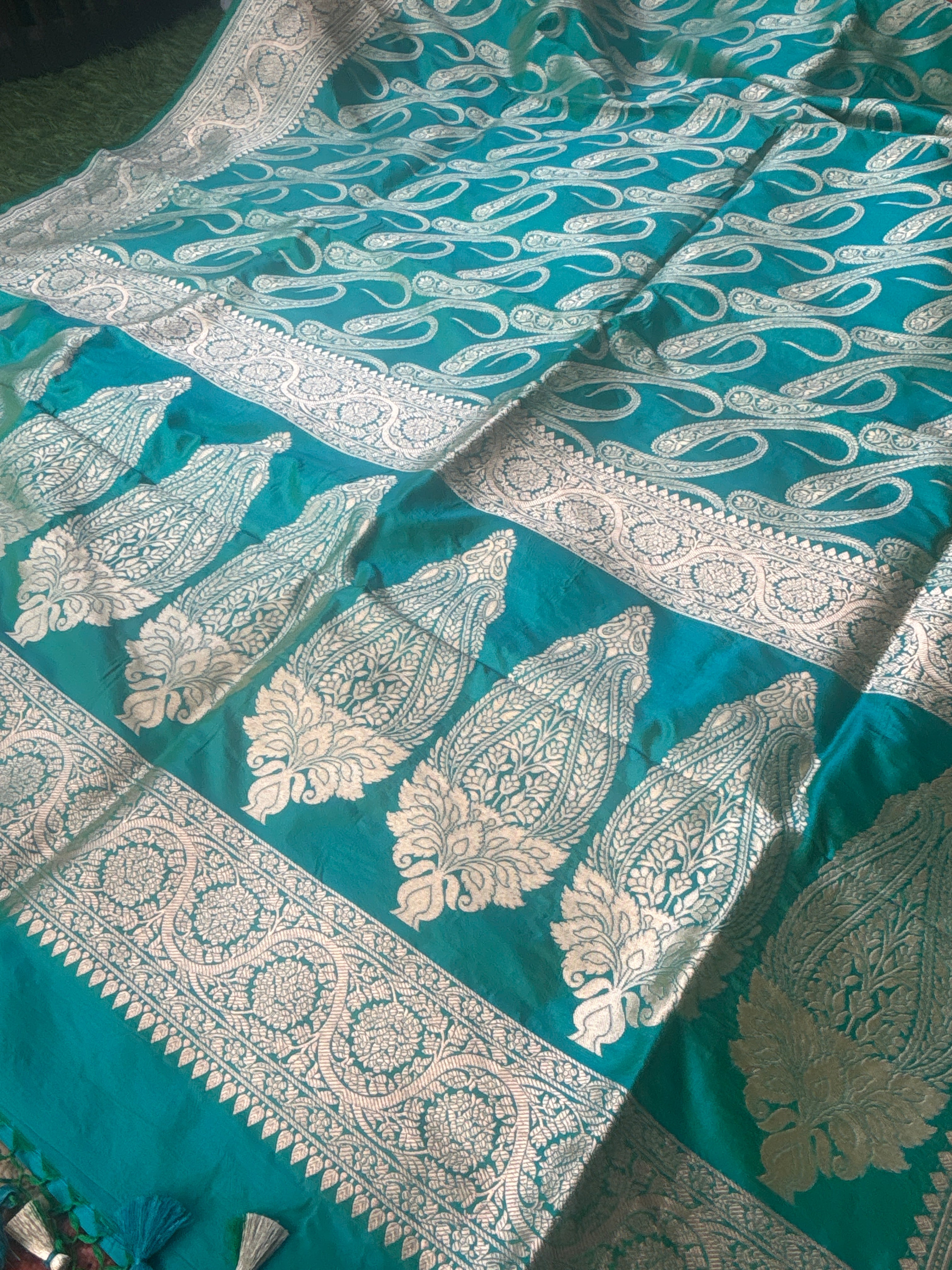 Sea Green Katan Silk Banarasi Saree with Mango Motifs & Silver Zari Broad Border | Chandrika Lifestyles