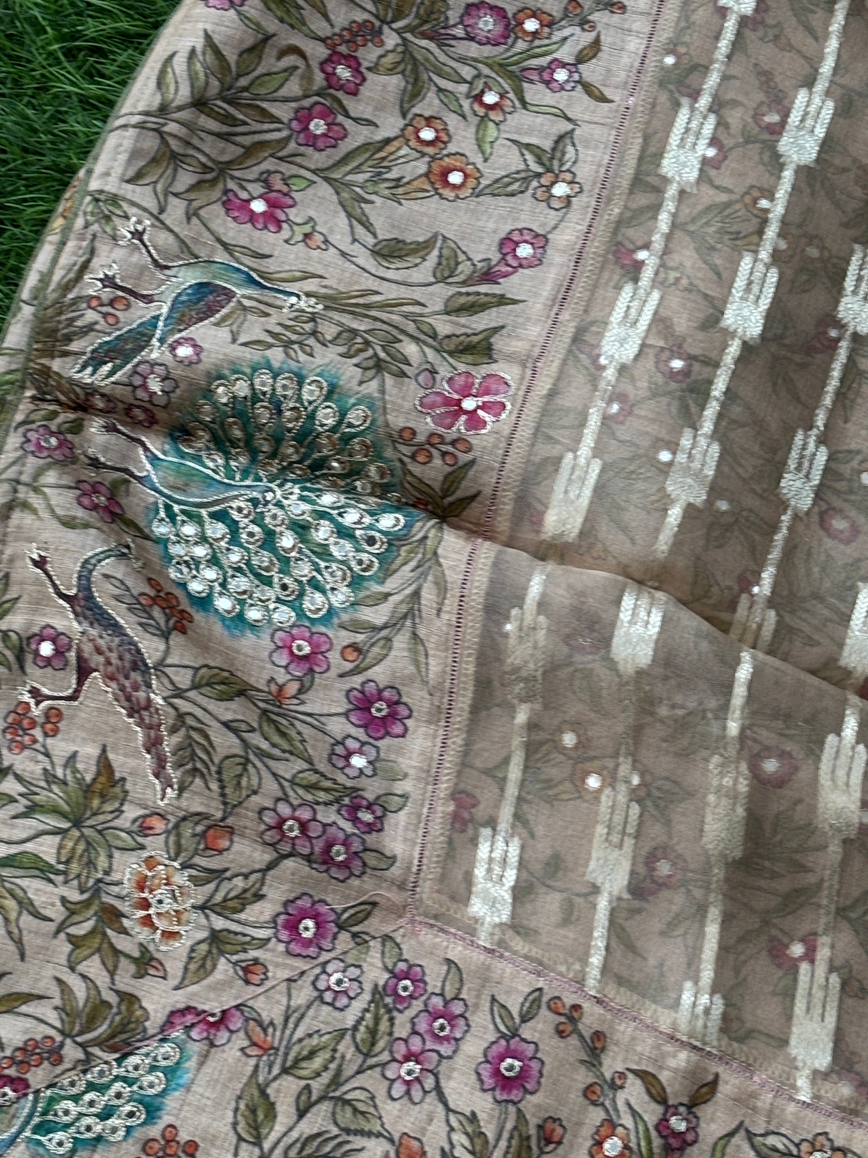Beige Tissue Kora Saree with Figure Embroidery & Allover Zari Weaving | Chandrika Lifestyles