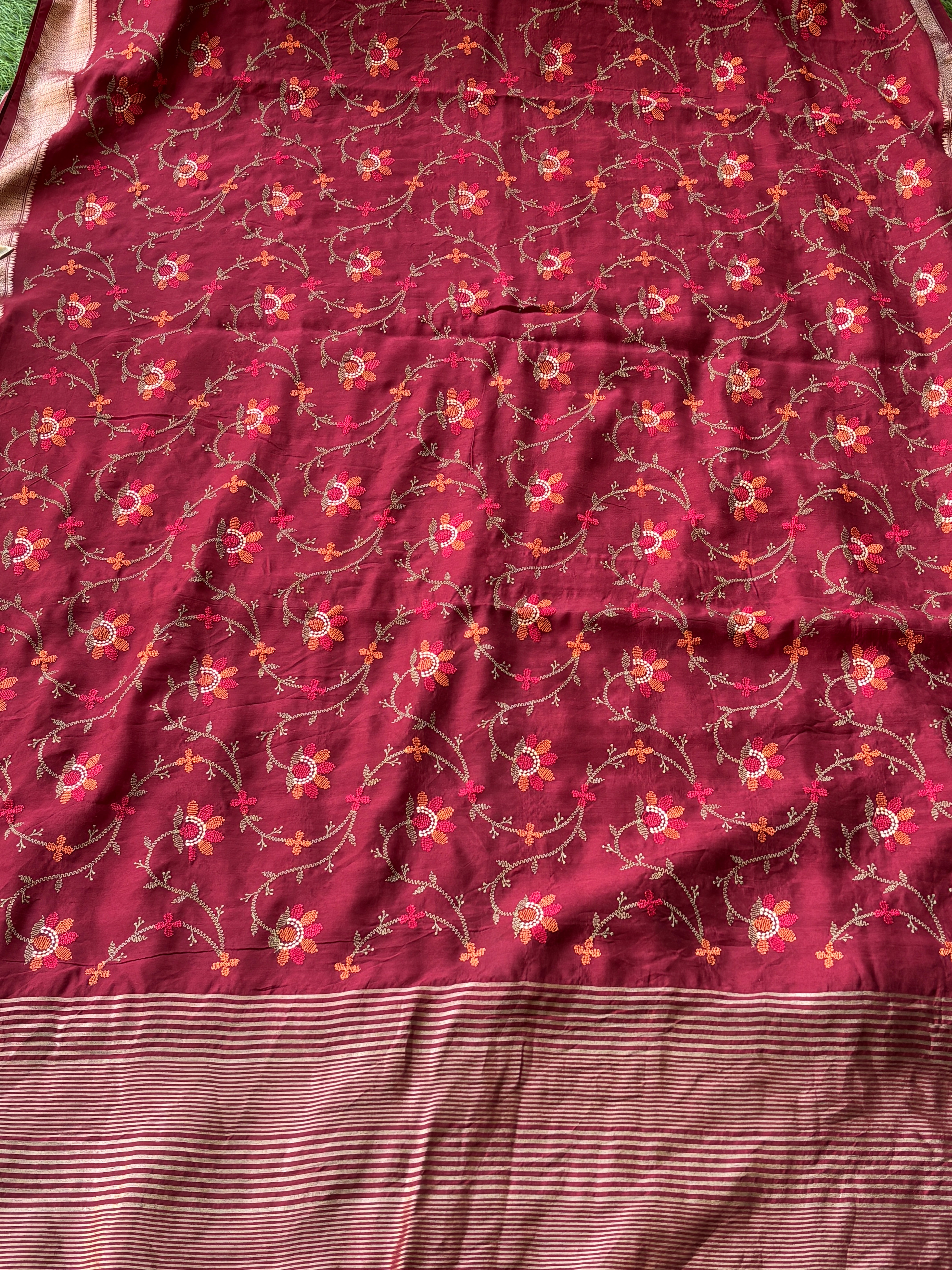 Maroon Georgette Saree with Thread Weaving, Floral Embroidery & Zari Woven Pallu