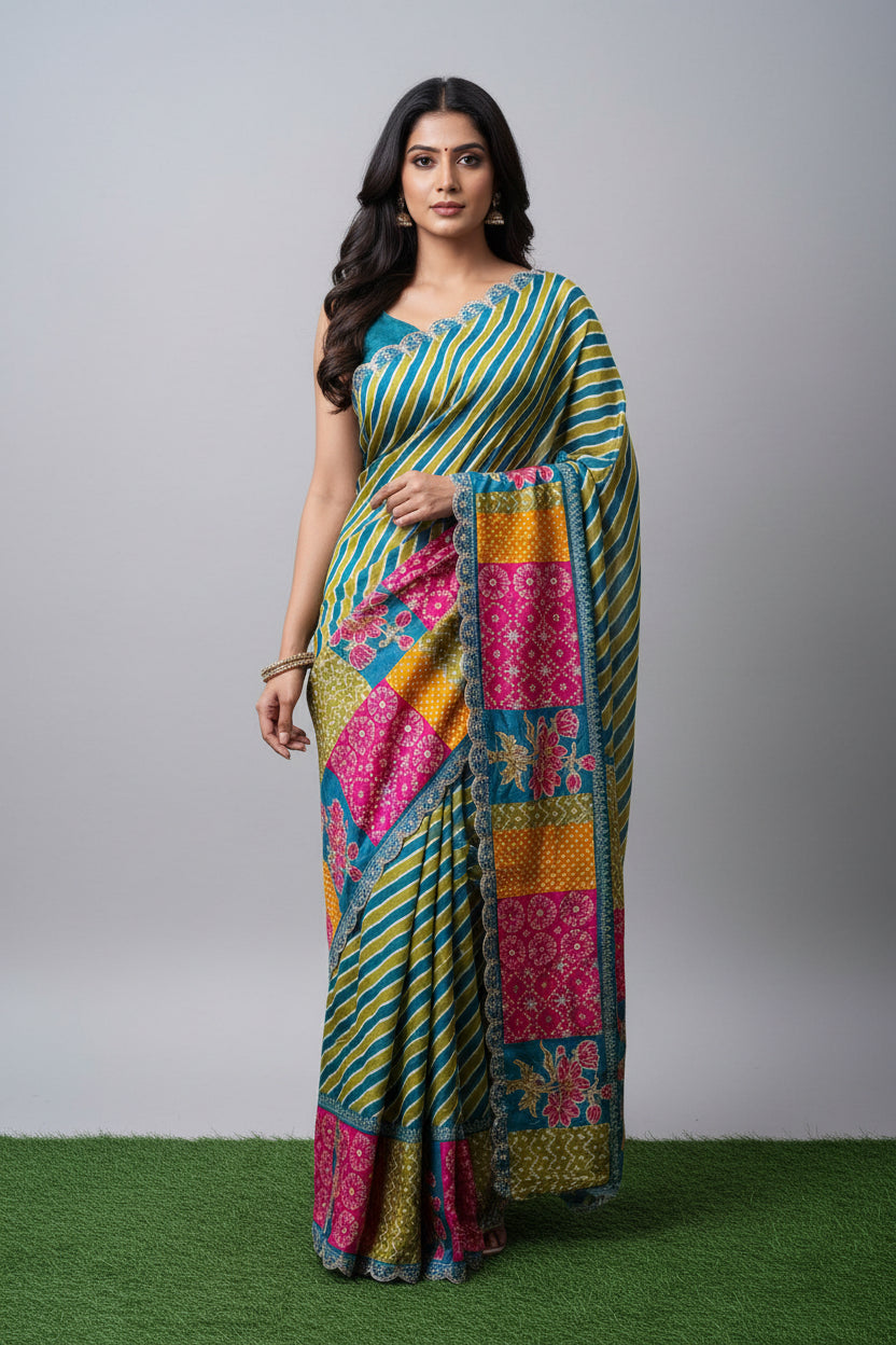Multicolor Pure Crape Silk Leheriya Saree with Mirror Work | Chandrika Lifestyles