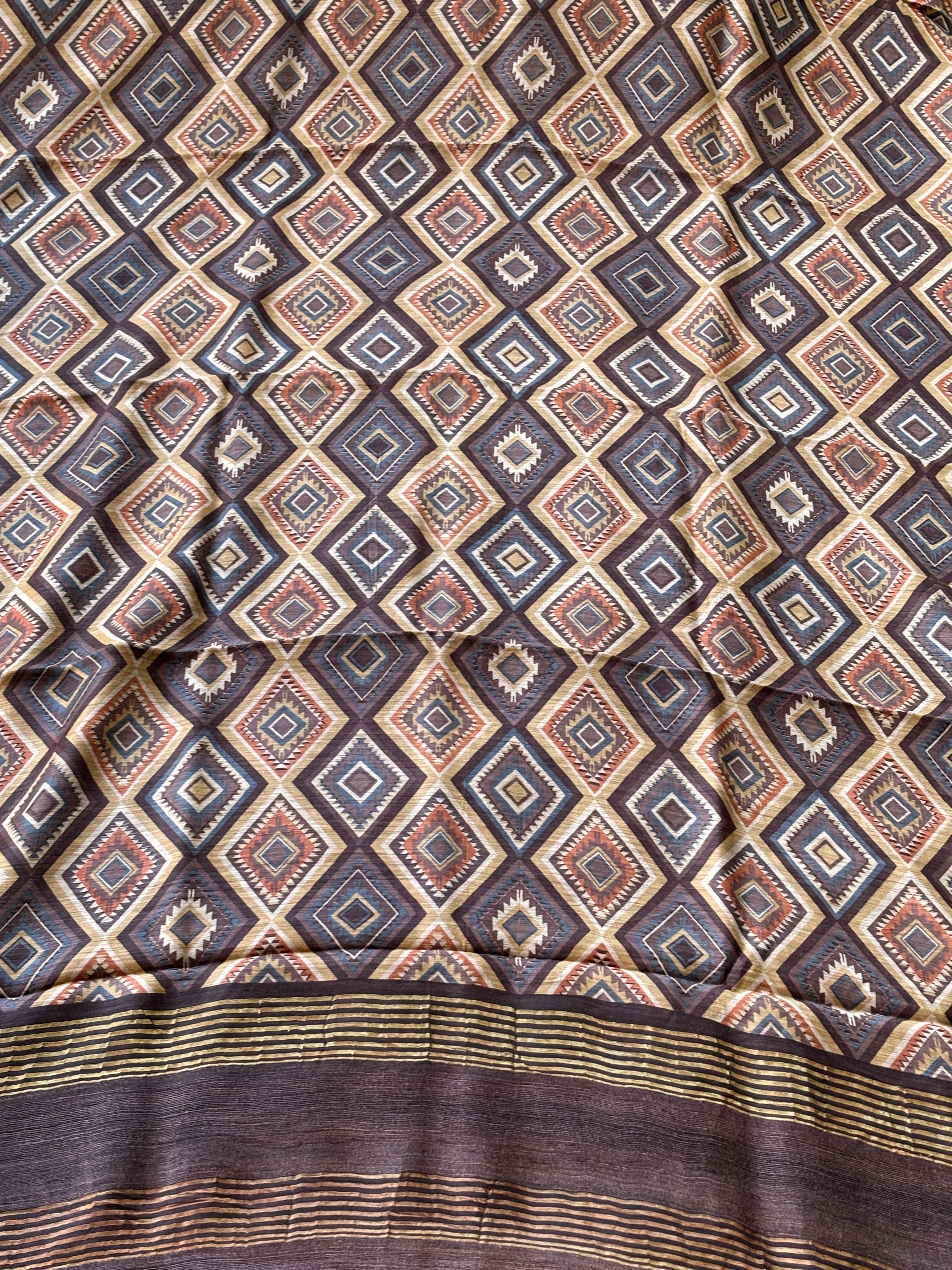 Brown Pure Tussar Silk Saree with Allover Geometric Print | Chandrika Lifestyles