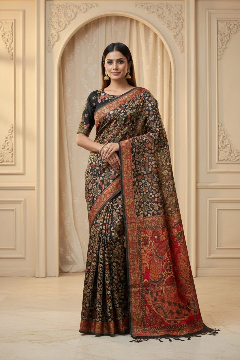 Black Mercerized Cotton Saree with Allover Digital Print | Chandrika Lifestyles