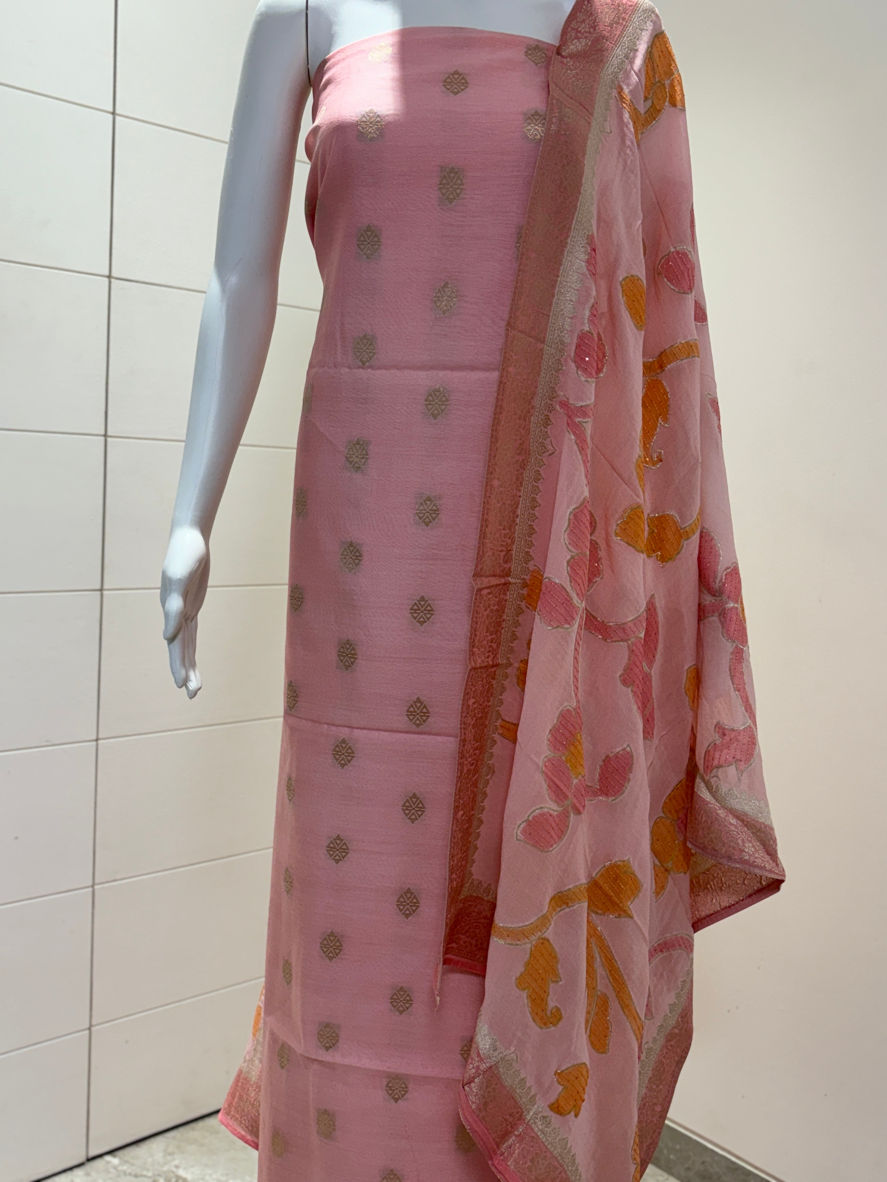 Pure Georgette Silk Baby Pink Banarasi Suit Material with Georgette Dupatta with sequence work