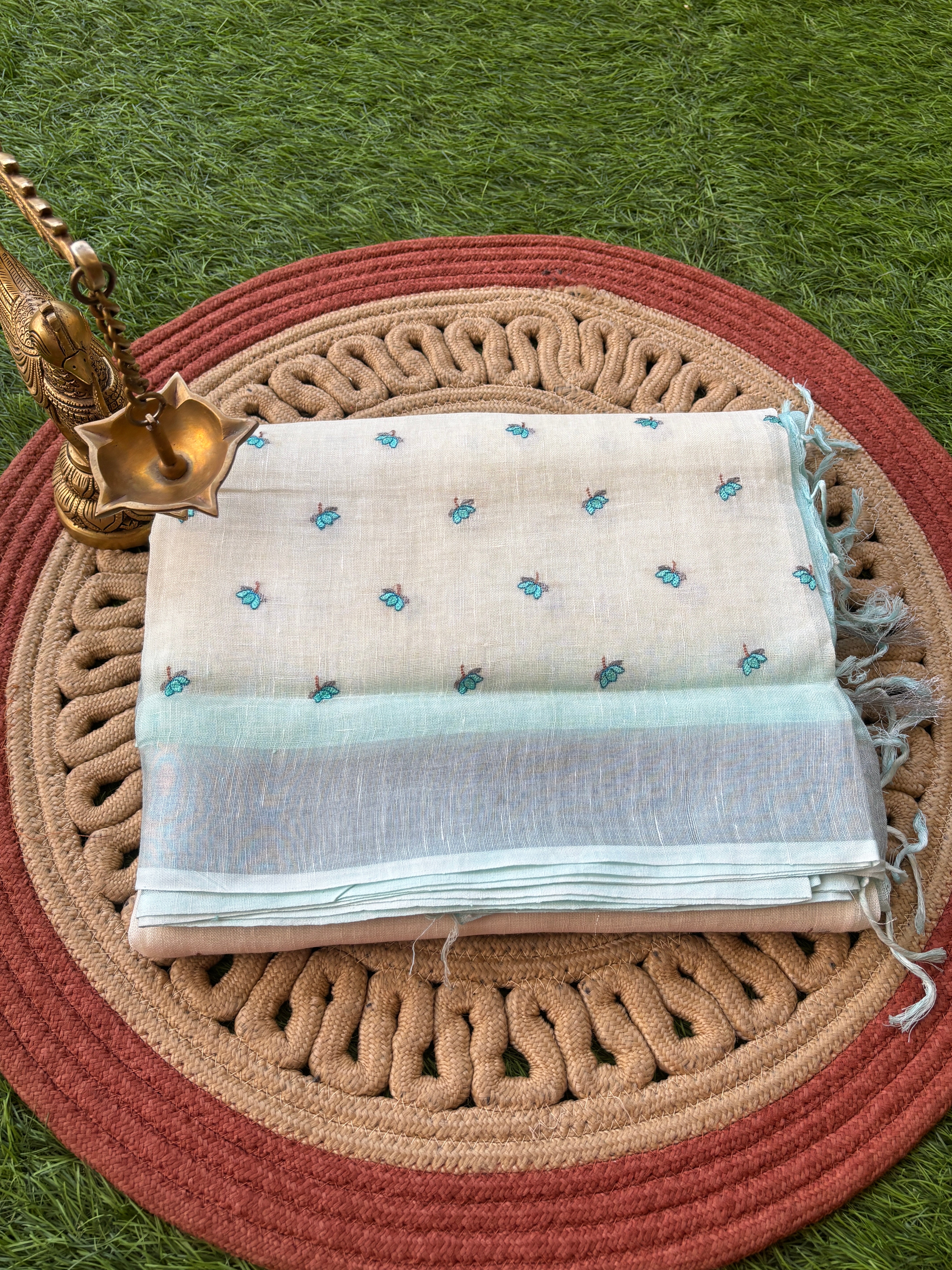 White & Blue Pure Linen Saree with Allover Embroidered Butti | Chandrika Lifestyles
