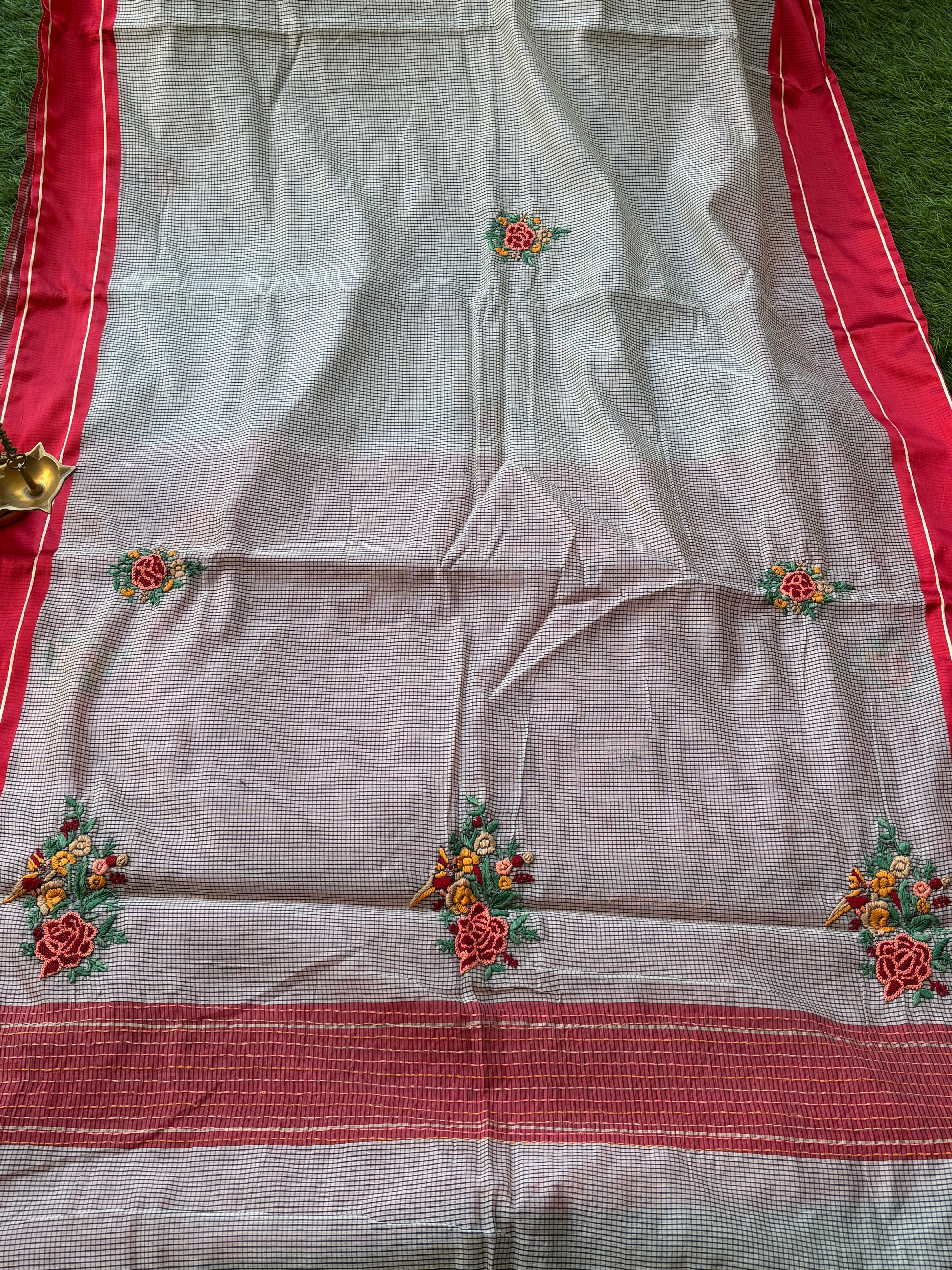 White Pure Cotton Saree with Black Checks & Hand Floral Embroidery with Red Border | Chandrika Lifestyles