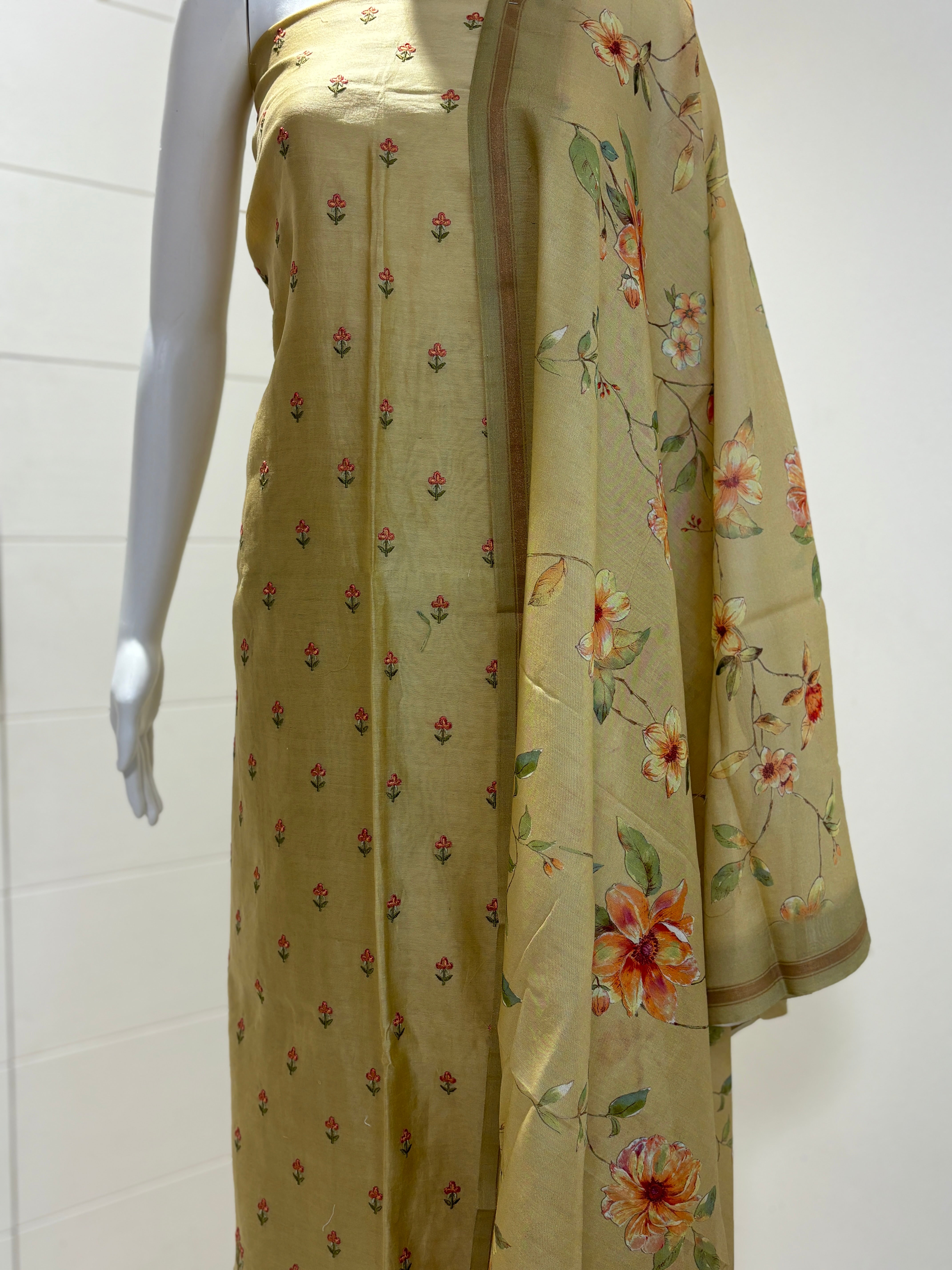 Pure Cotton Mehendi Green All-Over Embroidered Butti Suit Material with Digital Floral Printed Dupatta