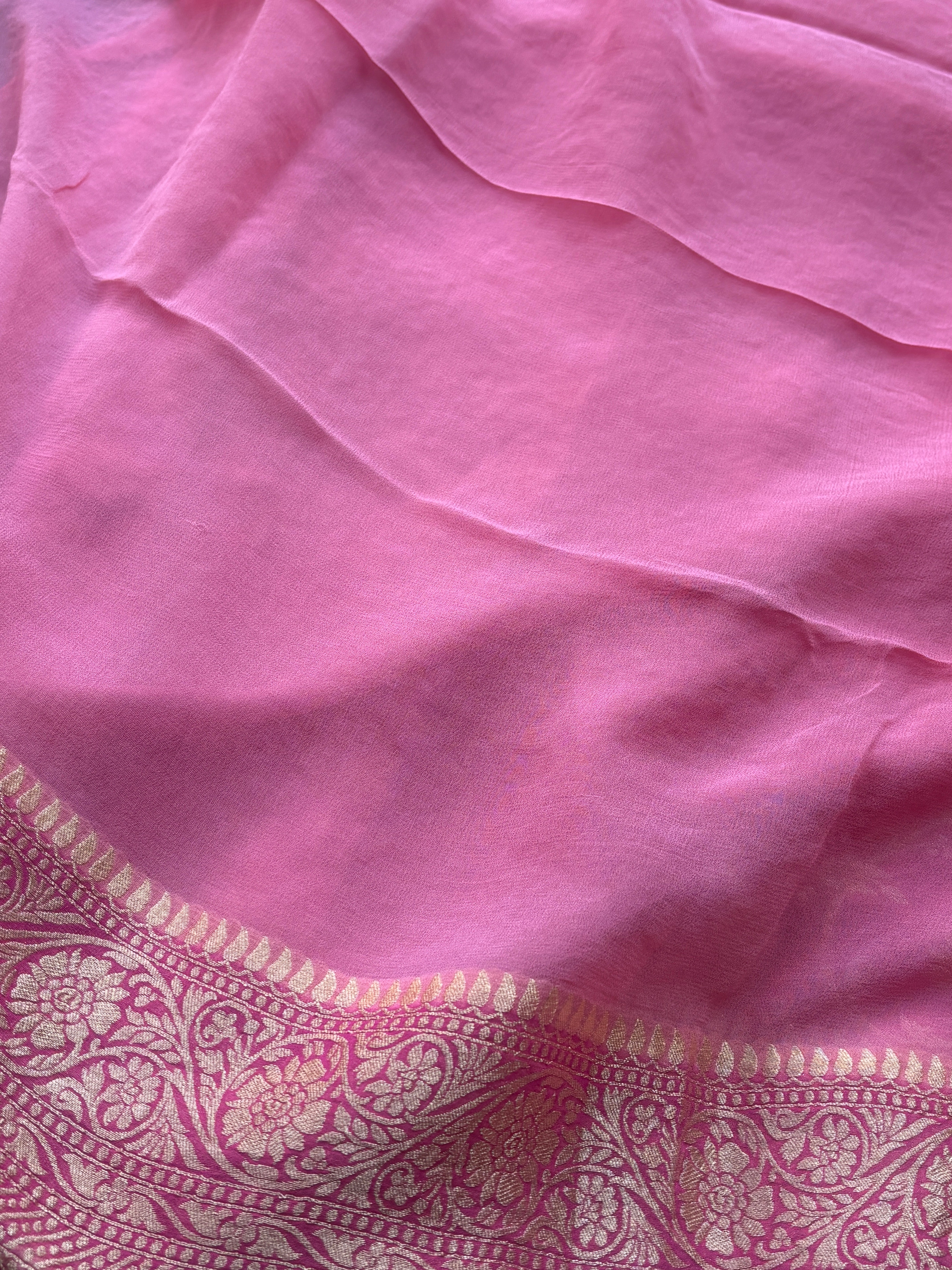 Pink, Orange & Peach Multicolour Khaddi Georgette Banarasi Saree with Allover Jaal | Chandrika Lifestyles