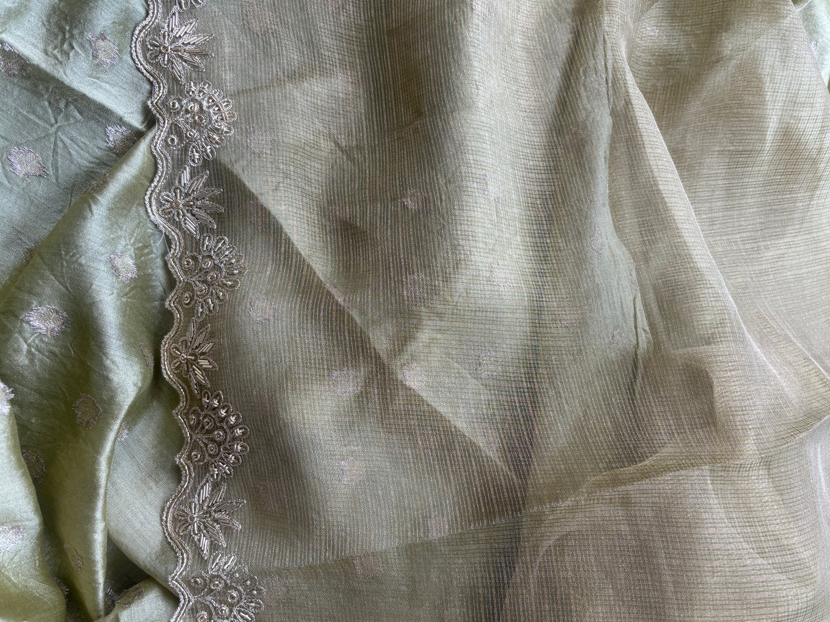 Pure Tissue Kota Silk Saree in Pista Green with Zardozi Work &