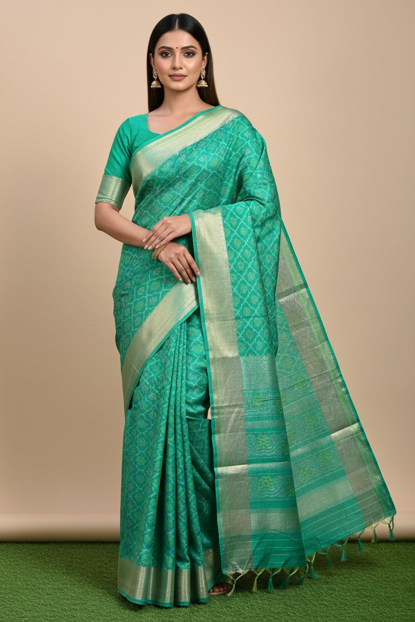 Green Art Tussar Silk Saree with Allover Ikat Print | Chandrika Lifestyles