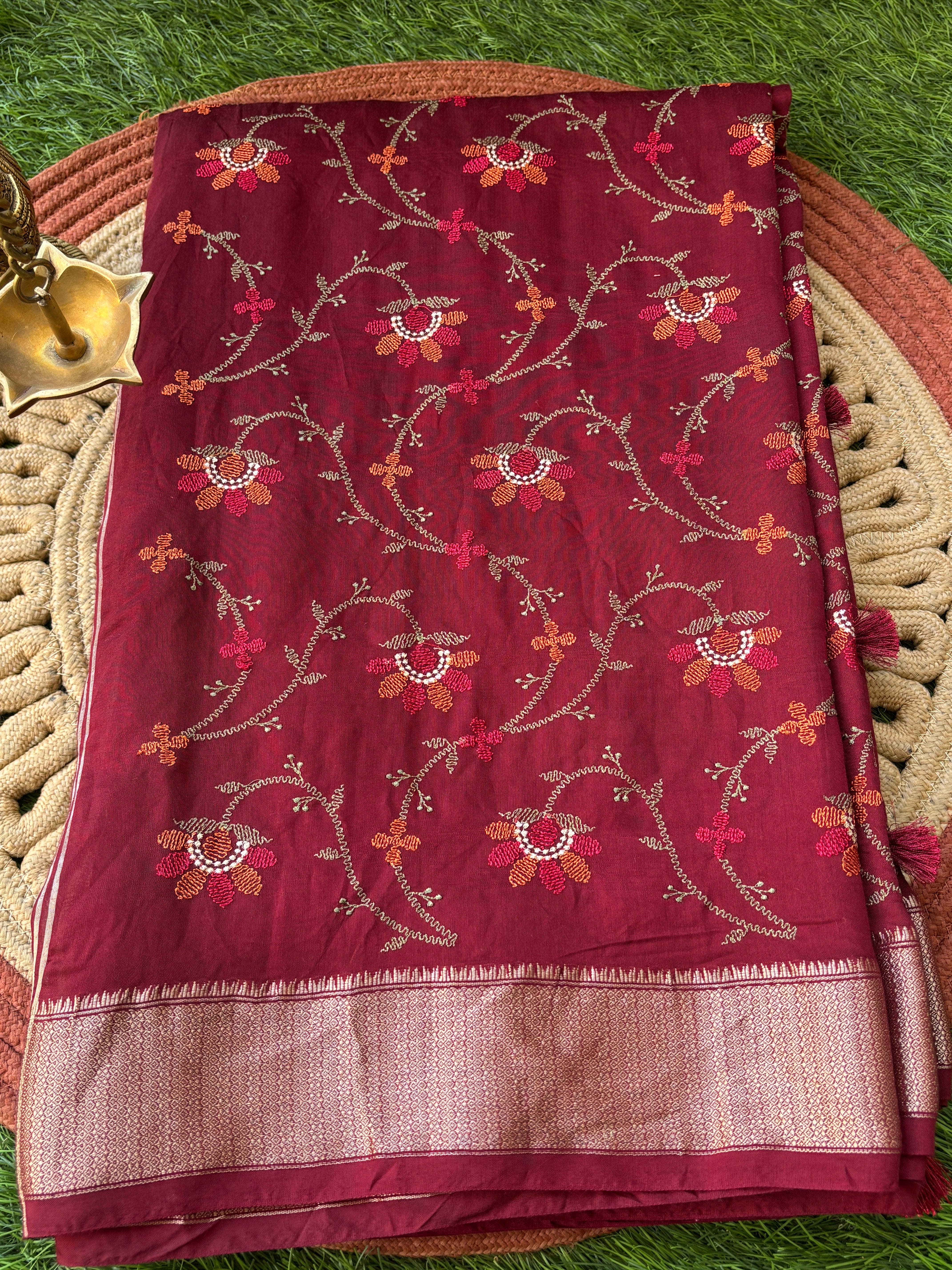 Maroon Georgette Saree with Thread Weaving, Floral Embroidery & Zari Woven Pallu