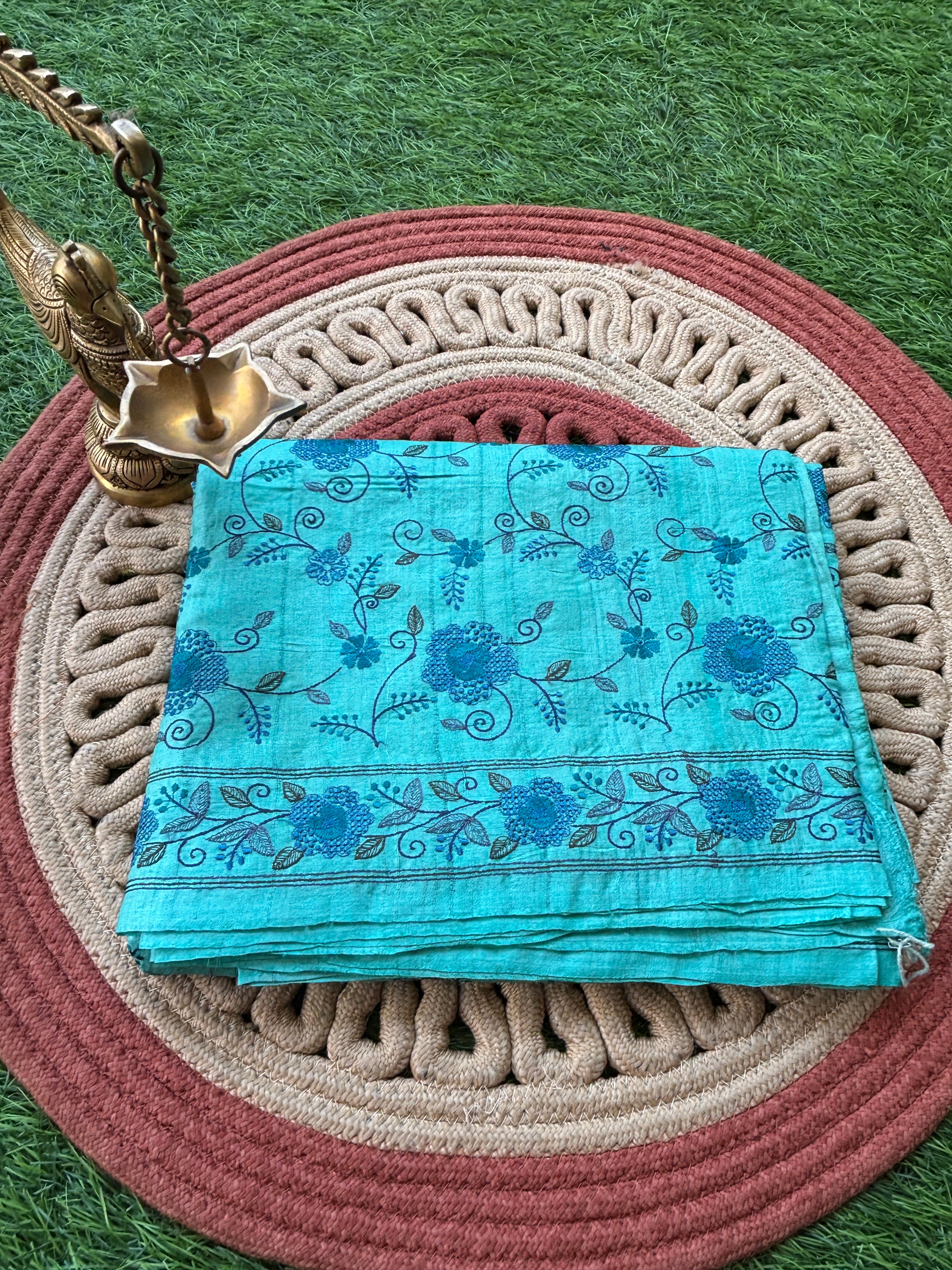 Pure Desi Tussar Silk Sea Blue Saree with All-Over Blue floral Thread Jaal Embroidery
