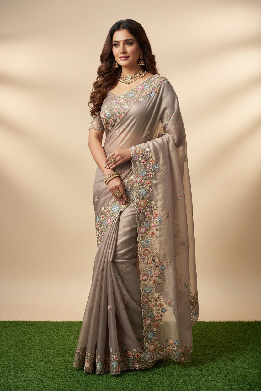 Elegant Onion Pink Tissue Net Designer Saree with Multicolor Floral Embroidery Border