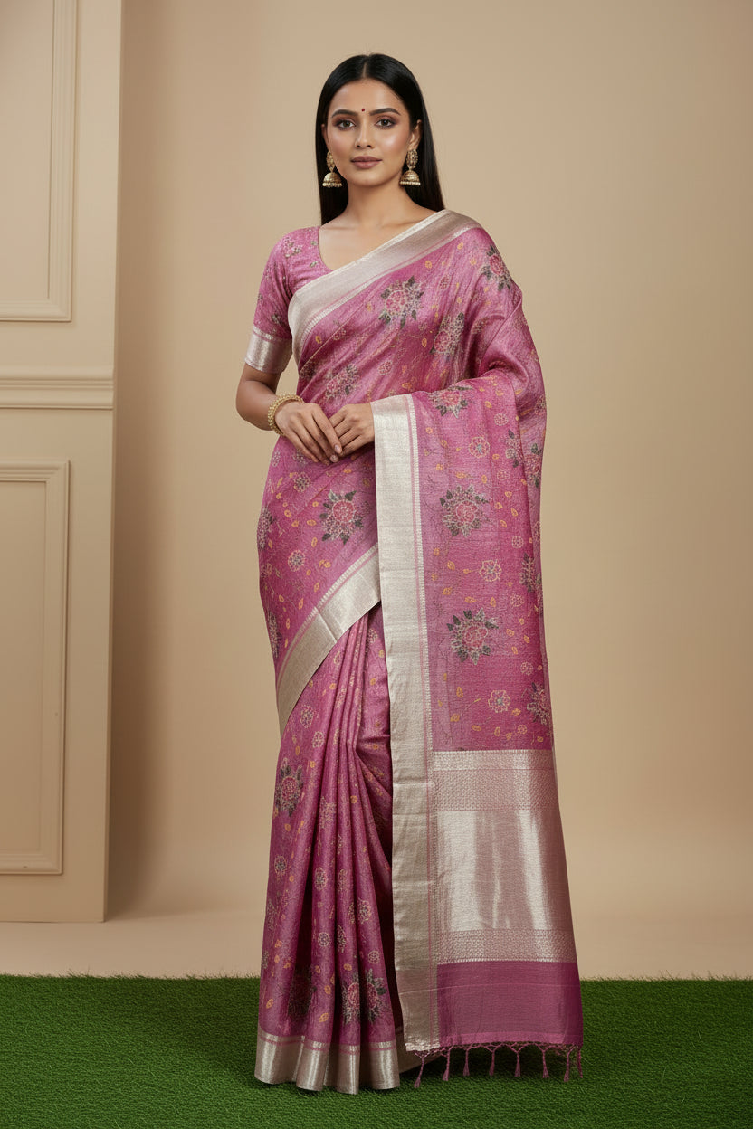 Royal Pink Pure Tissue Kora Silk Saree with Allover Matte Embroidery | Chandrika Lifestyles