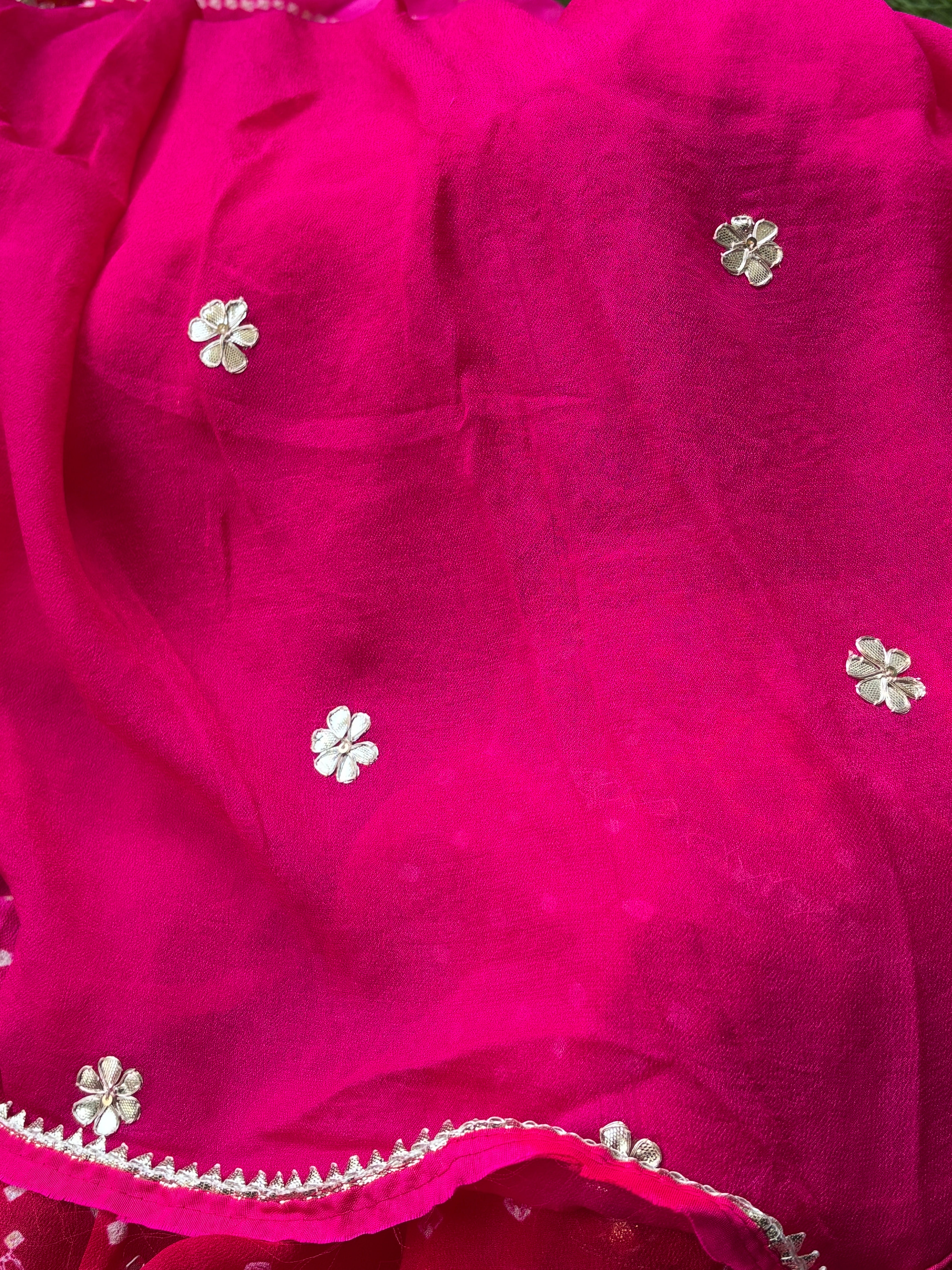 Red Pink Pure Chiffon Bandhej Saree with Boota Patti Border | Chandrika Lifestyles