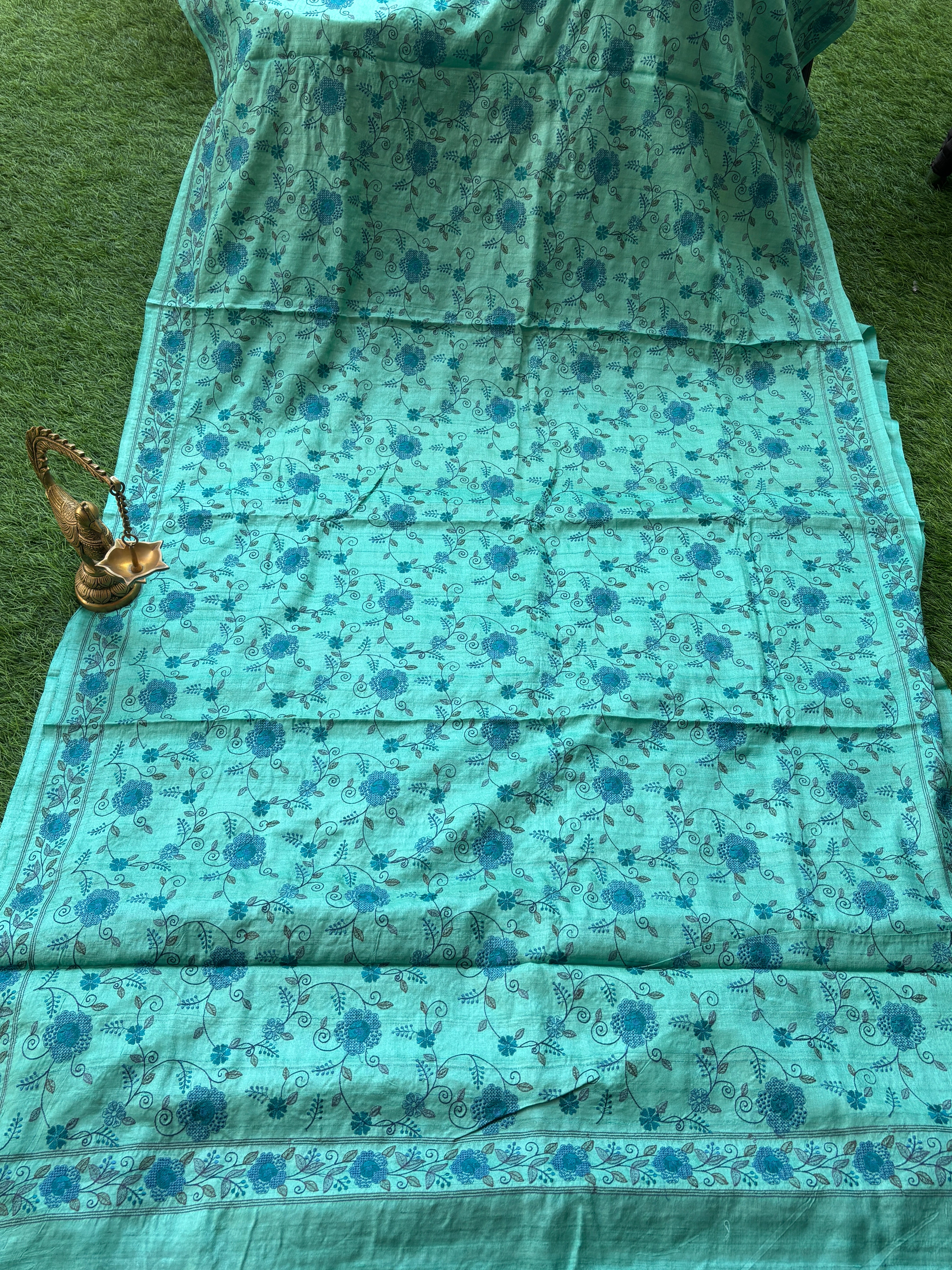 Pure Desi Tussar Silk Sea Blue Saree with All-Over Blue floral Thread Jaal Embroidery