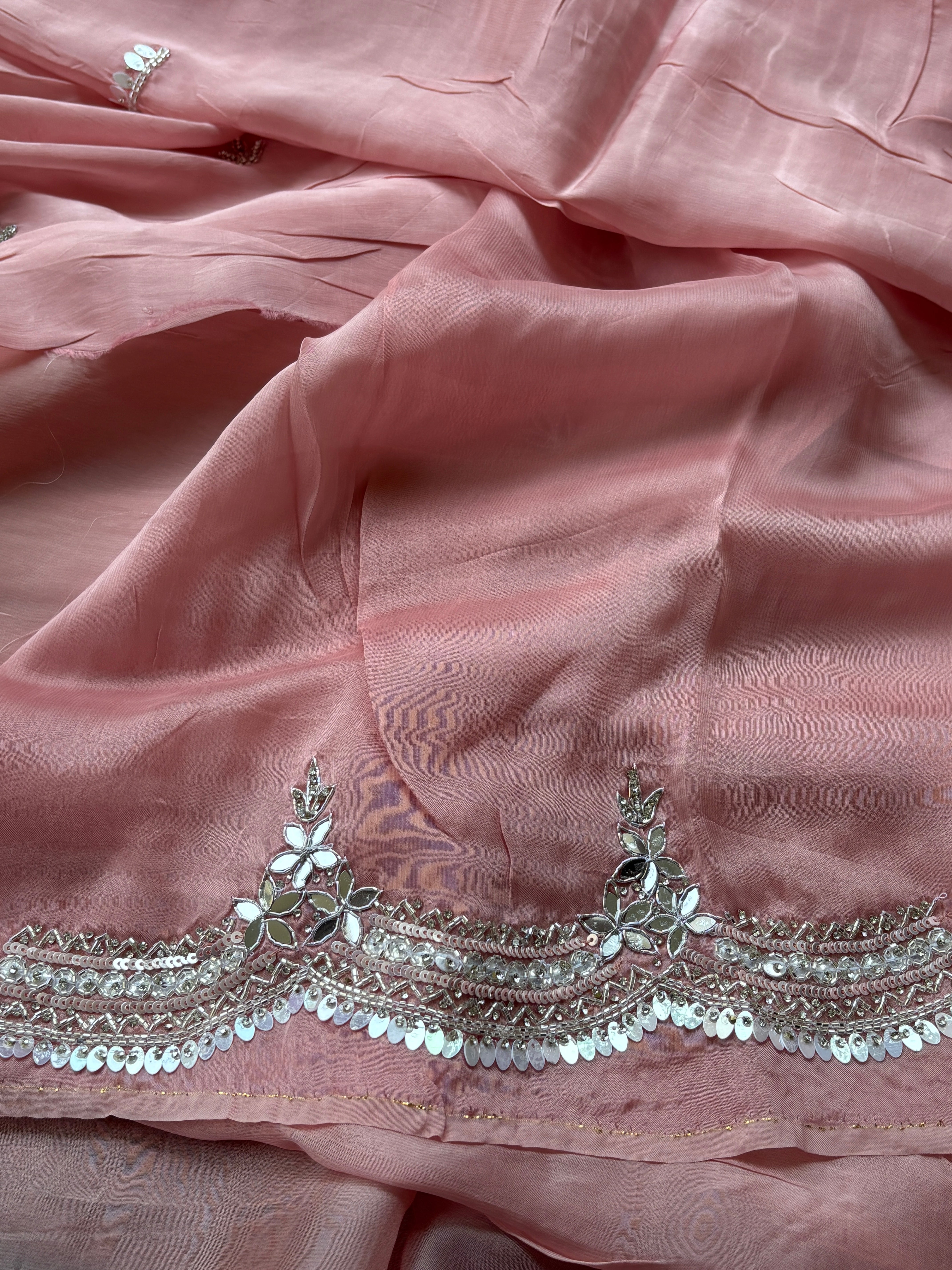 Elegant Peach Pink Pure Crepe Silk Saree with Designer Scallop Border