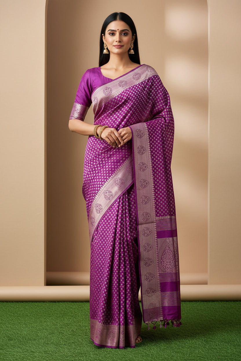 Purple Pure Tussar Silk Saree with Embroidered & Cutwork Butta Pallu | Chandrika Lifestyles