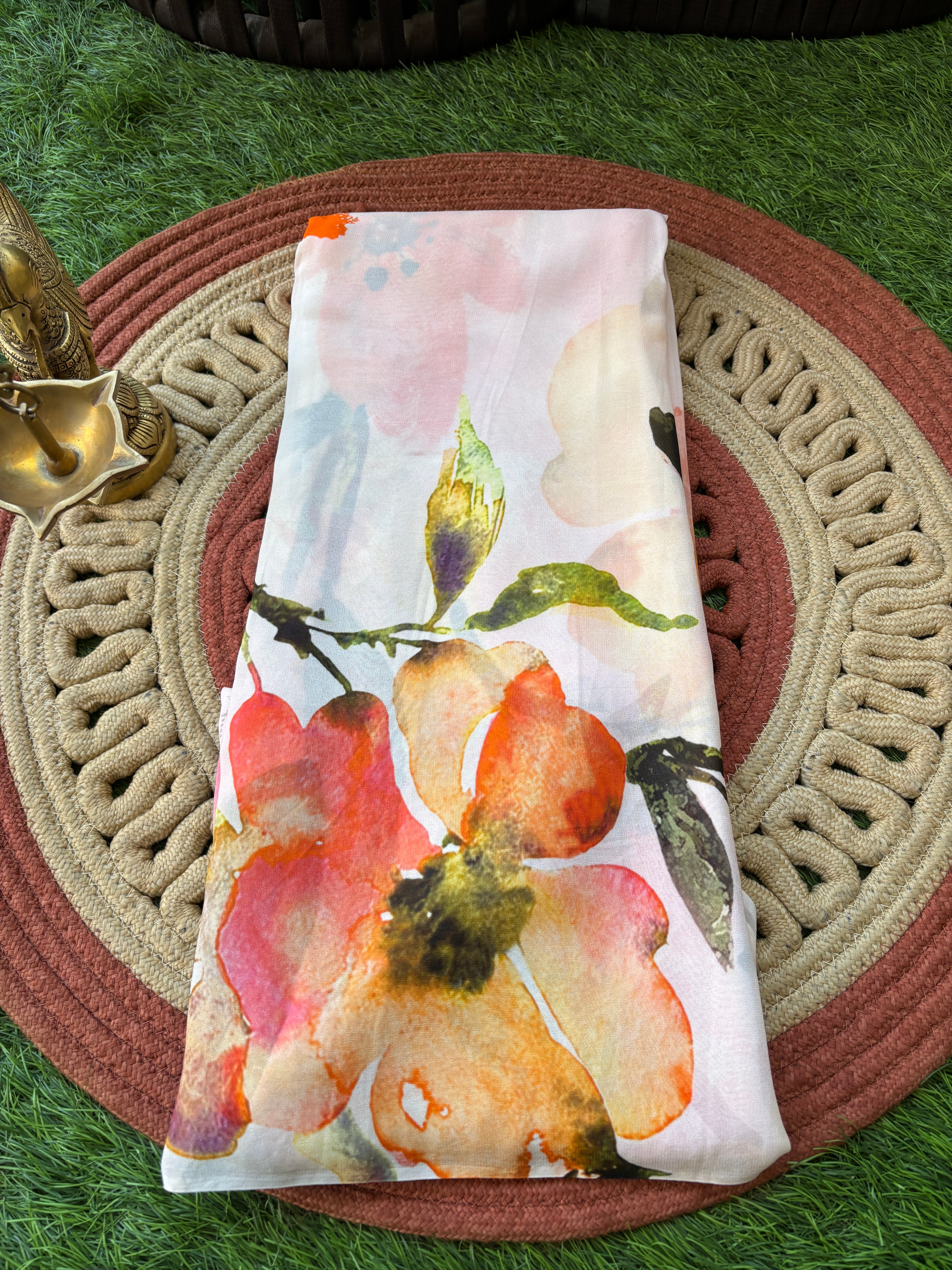 Off White Pure Crepe Silk Saree with Floral Digital Print