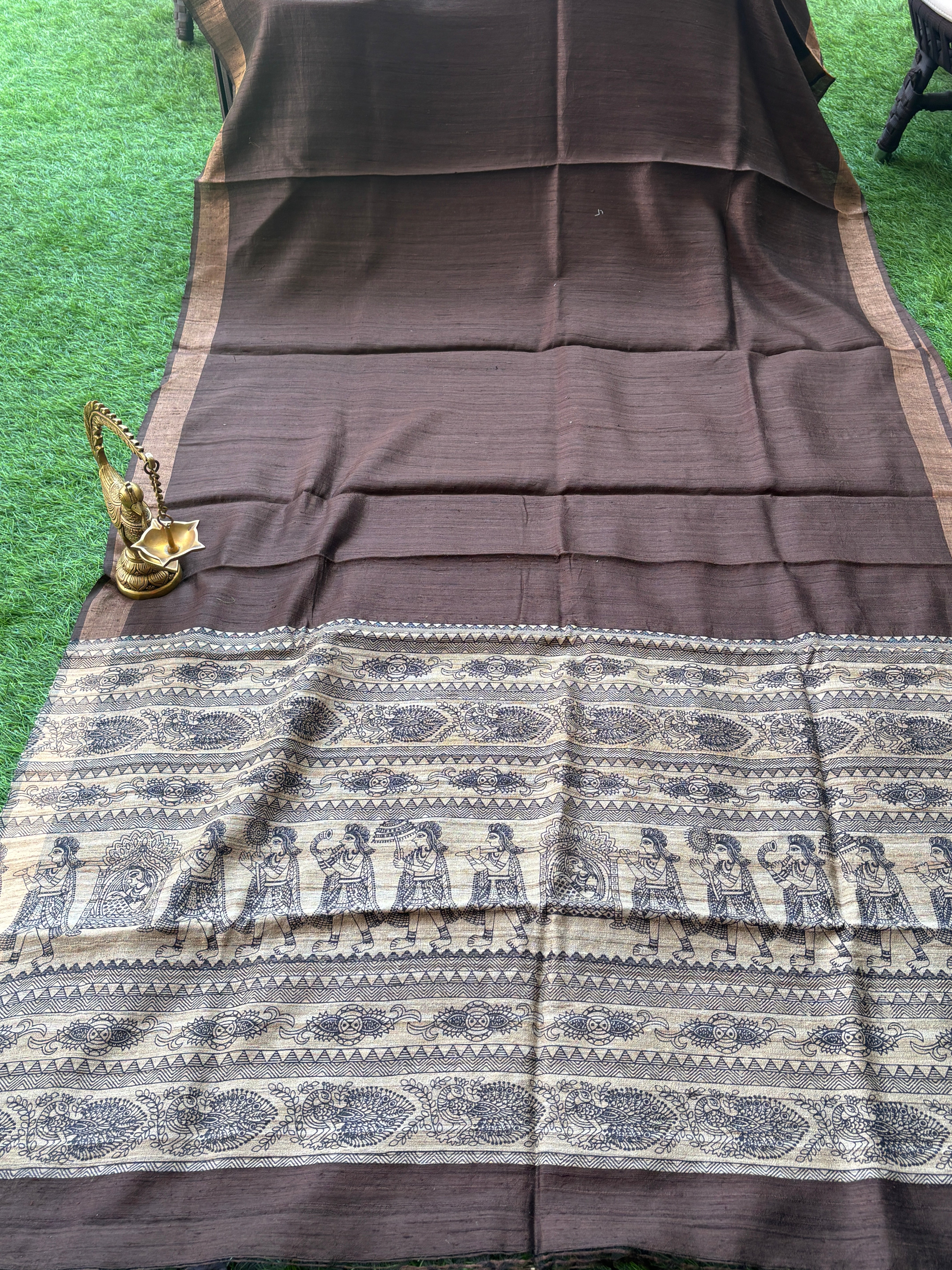 Madhubani Print Pallu on Pure Desi Tussar Silk Coffee Brown Saree with Zari Border