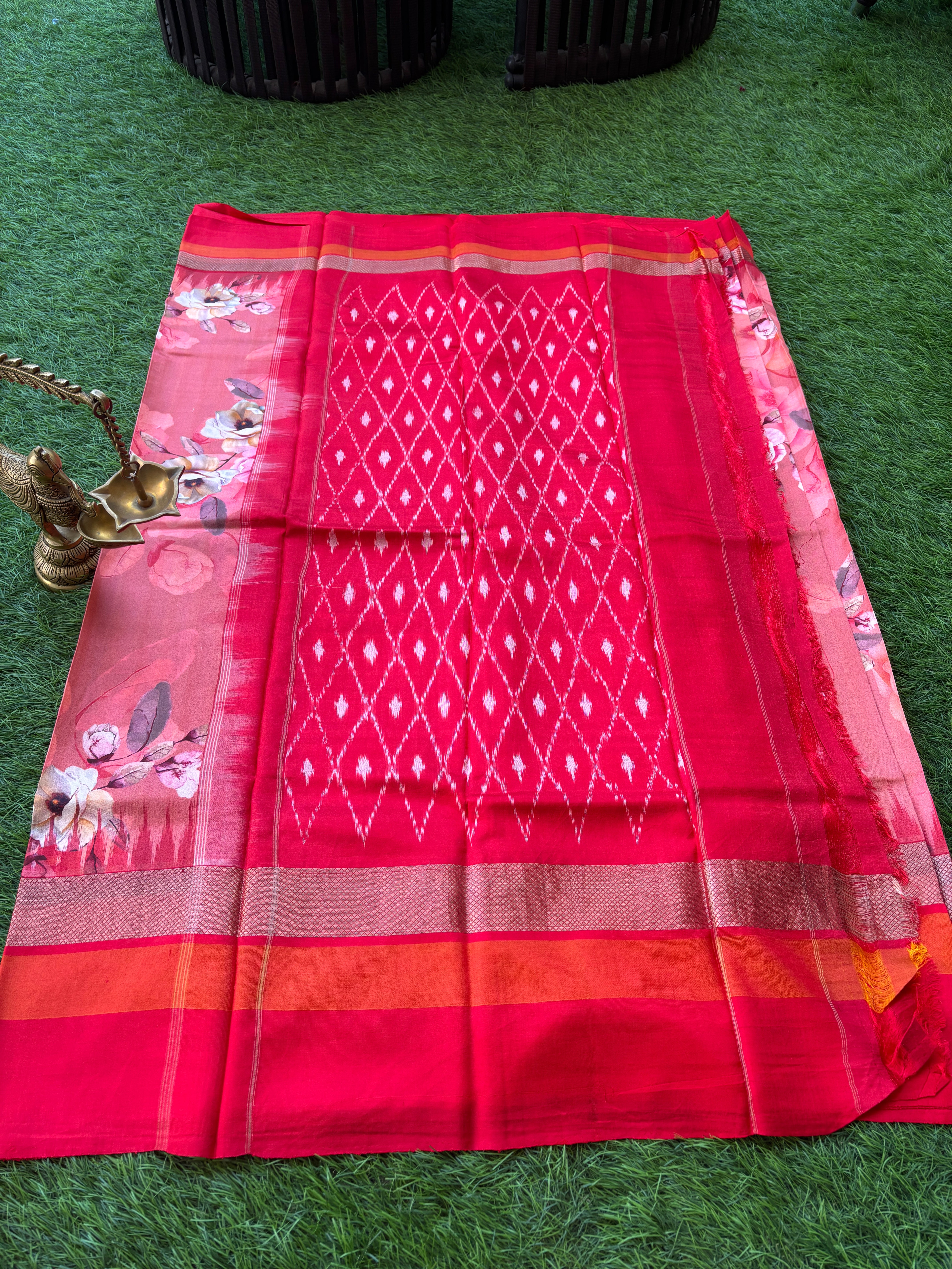 Floral Print Detail on Peach Pink Pure Silk Saree