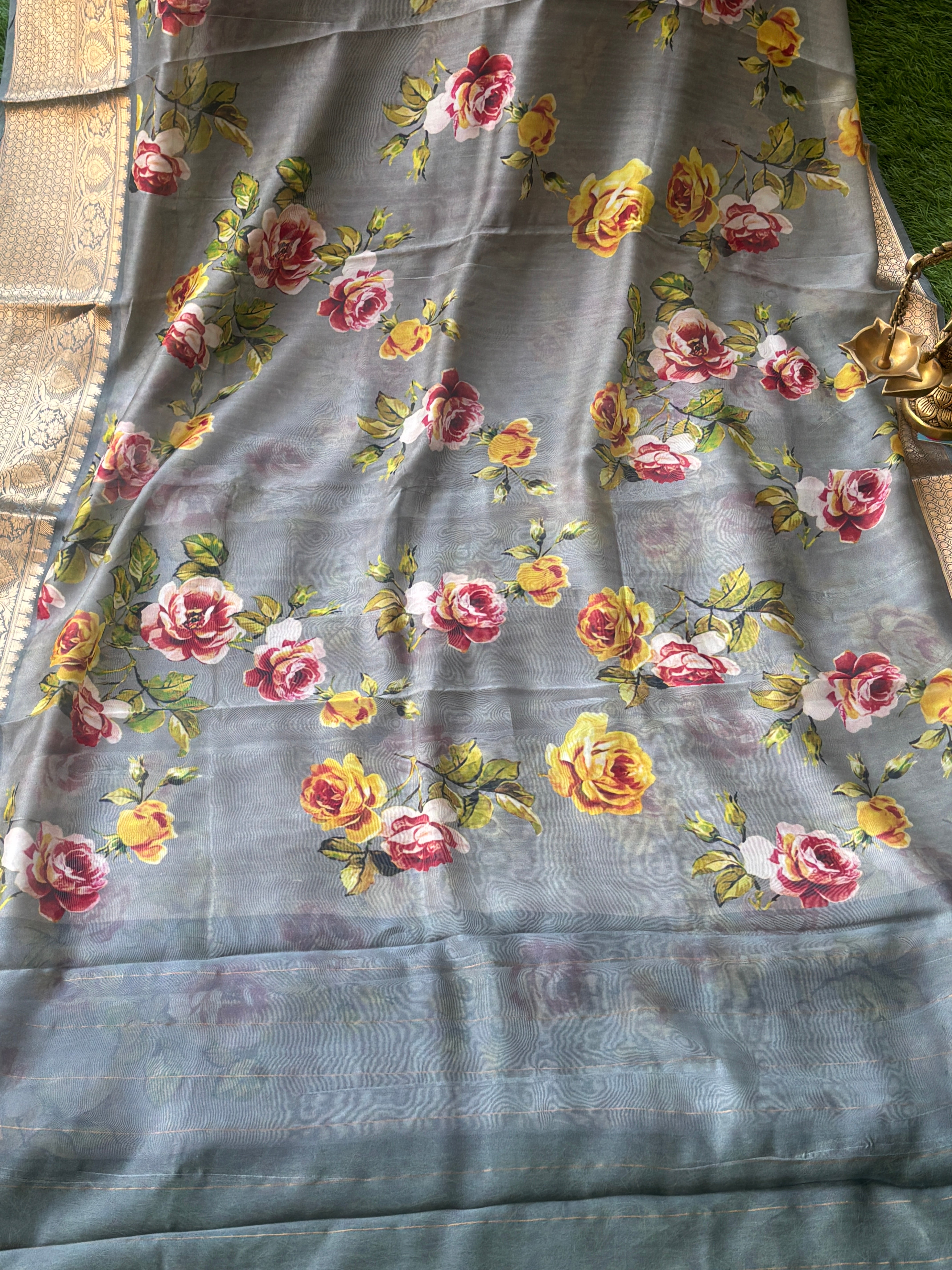 Pure Georgette Banarasi Saree with Broad Zari Border & Grey Floral Digital Print