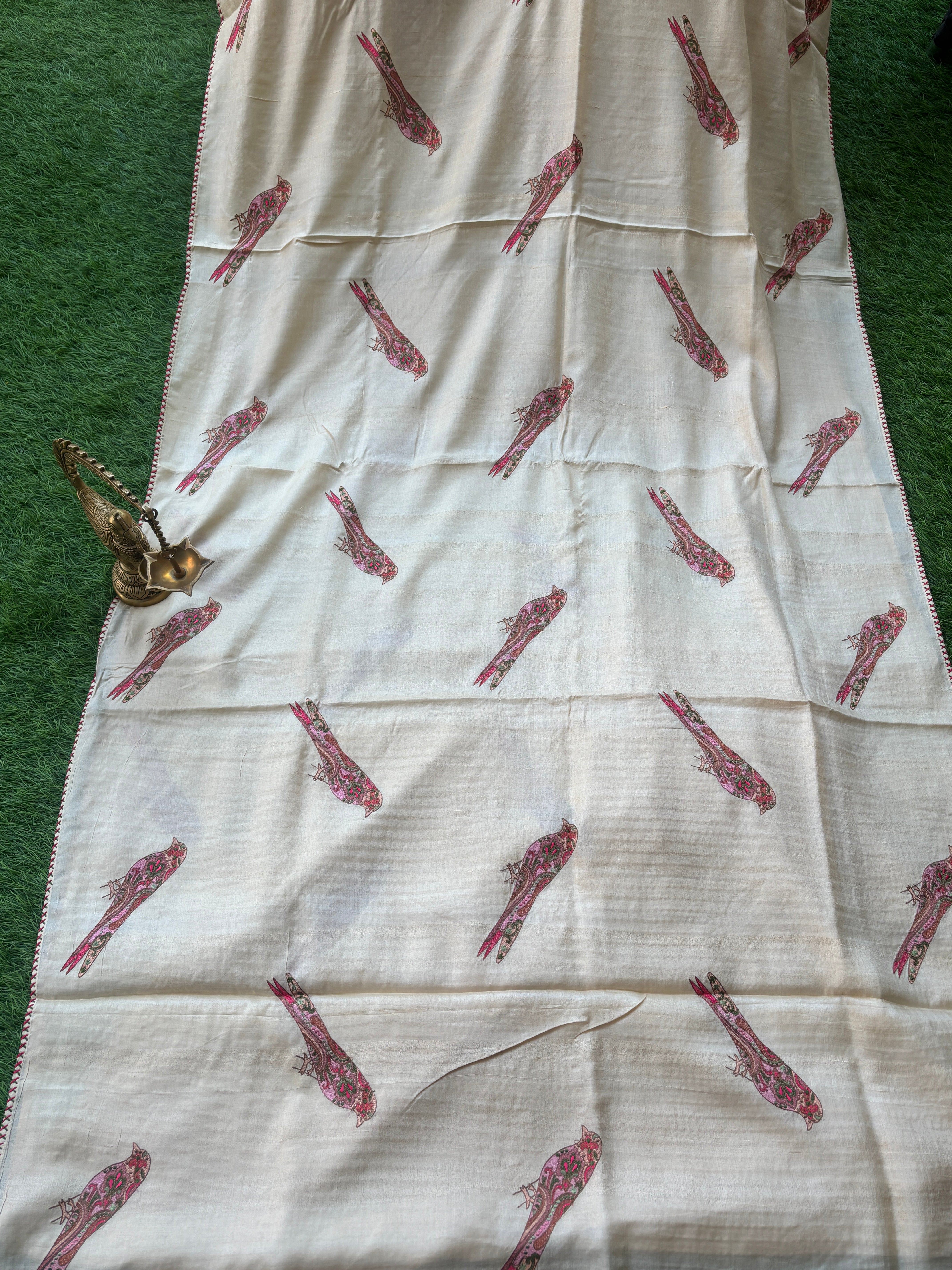Pure Desi Tussar Silk Off-White Saree with multicoloured Bird embroidered motifs and Thread Embroidered Border