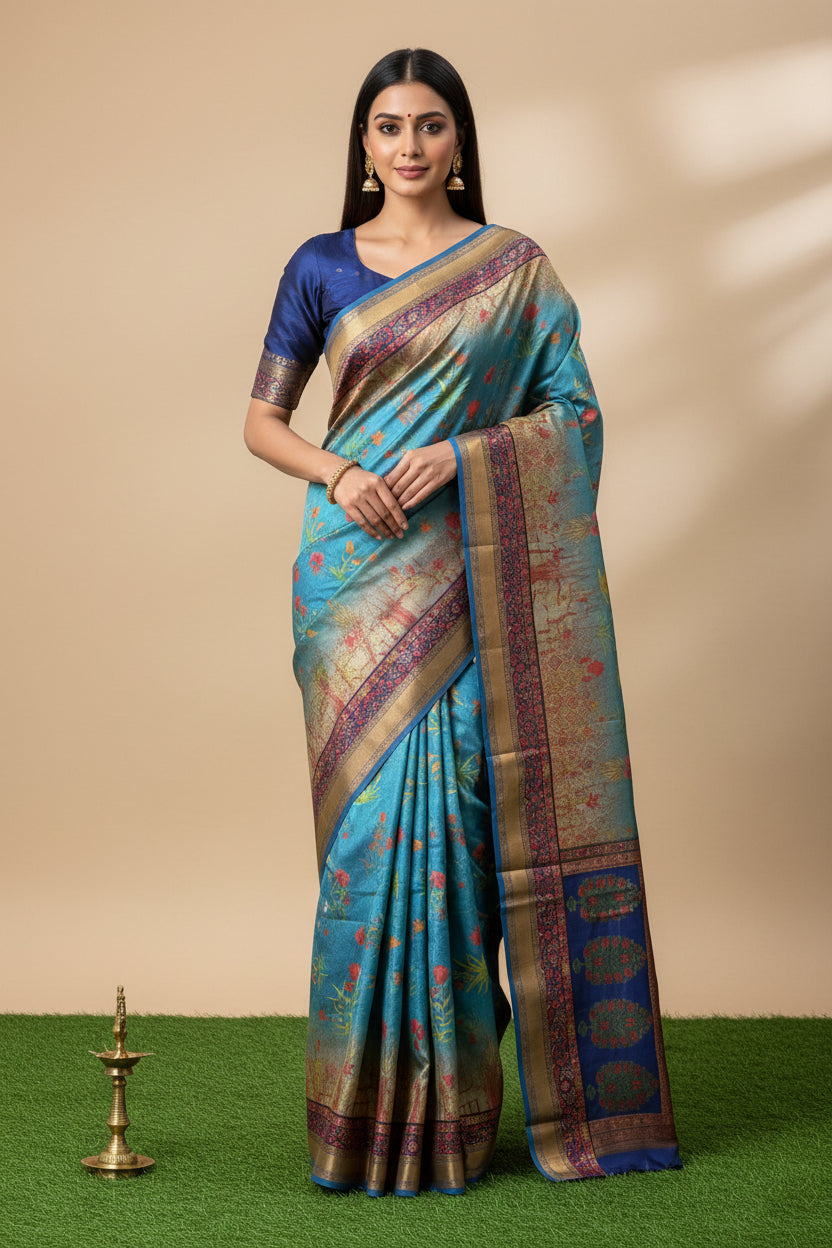 Ocean Blue Munga Silk Saree with Allover Digital Print | Chandrika Lifestyles