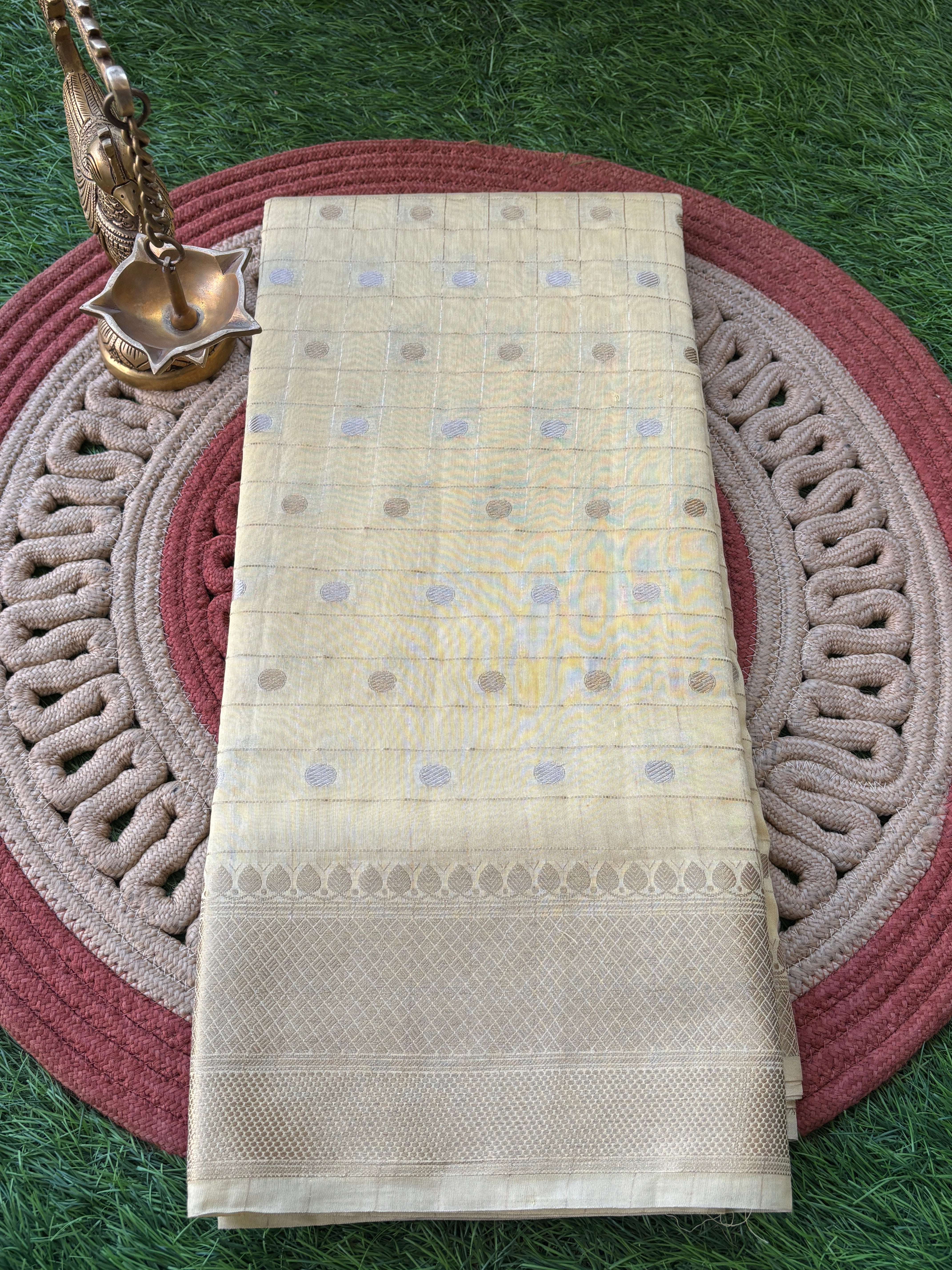Lemon Yellow Banarasi Silk Cotton Saree with Zari Checks & Butta | Chandrika Lifestyles