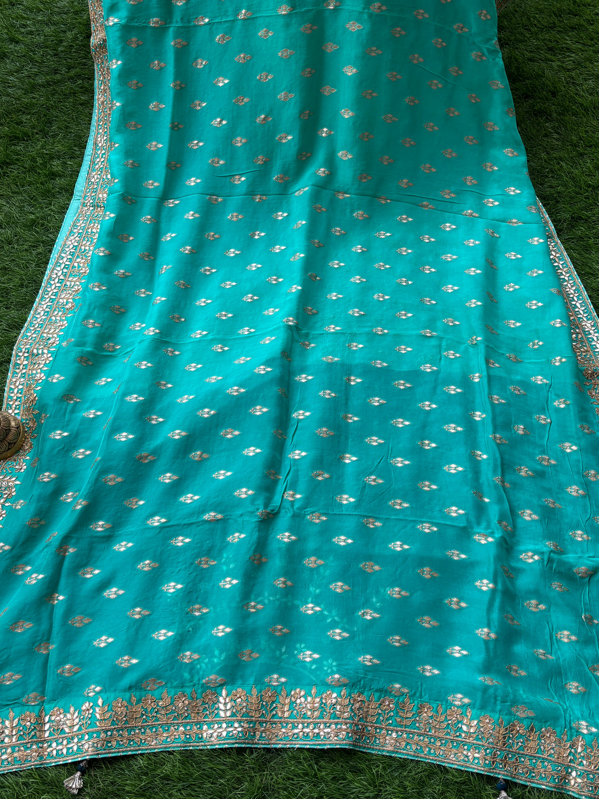 Royal Sea Green Pure Muga Silk Saree with Gota Patti Border & Buta Work (Blue Blouse)
