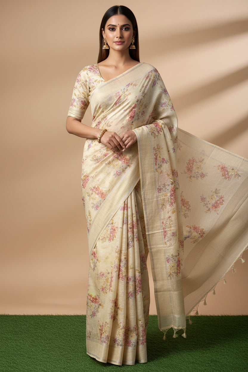 Lemon Yellow Pure Linen Saree with Allover Floral Digital Print | Chandrika Lifestyles
