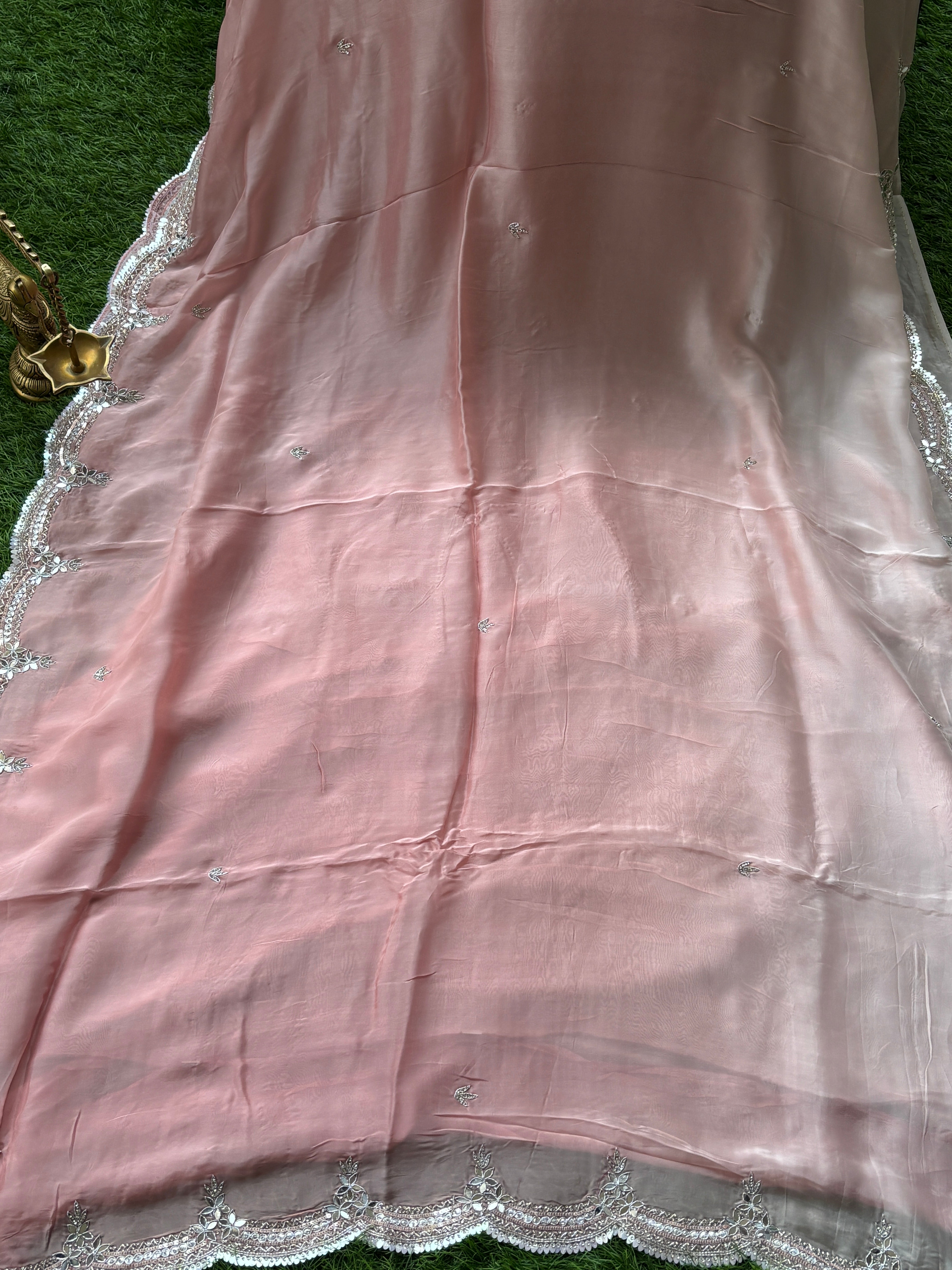 Elegant Peach Pink Pure Crepe Silk Saree with Designer Scallop Border