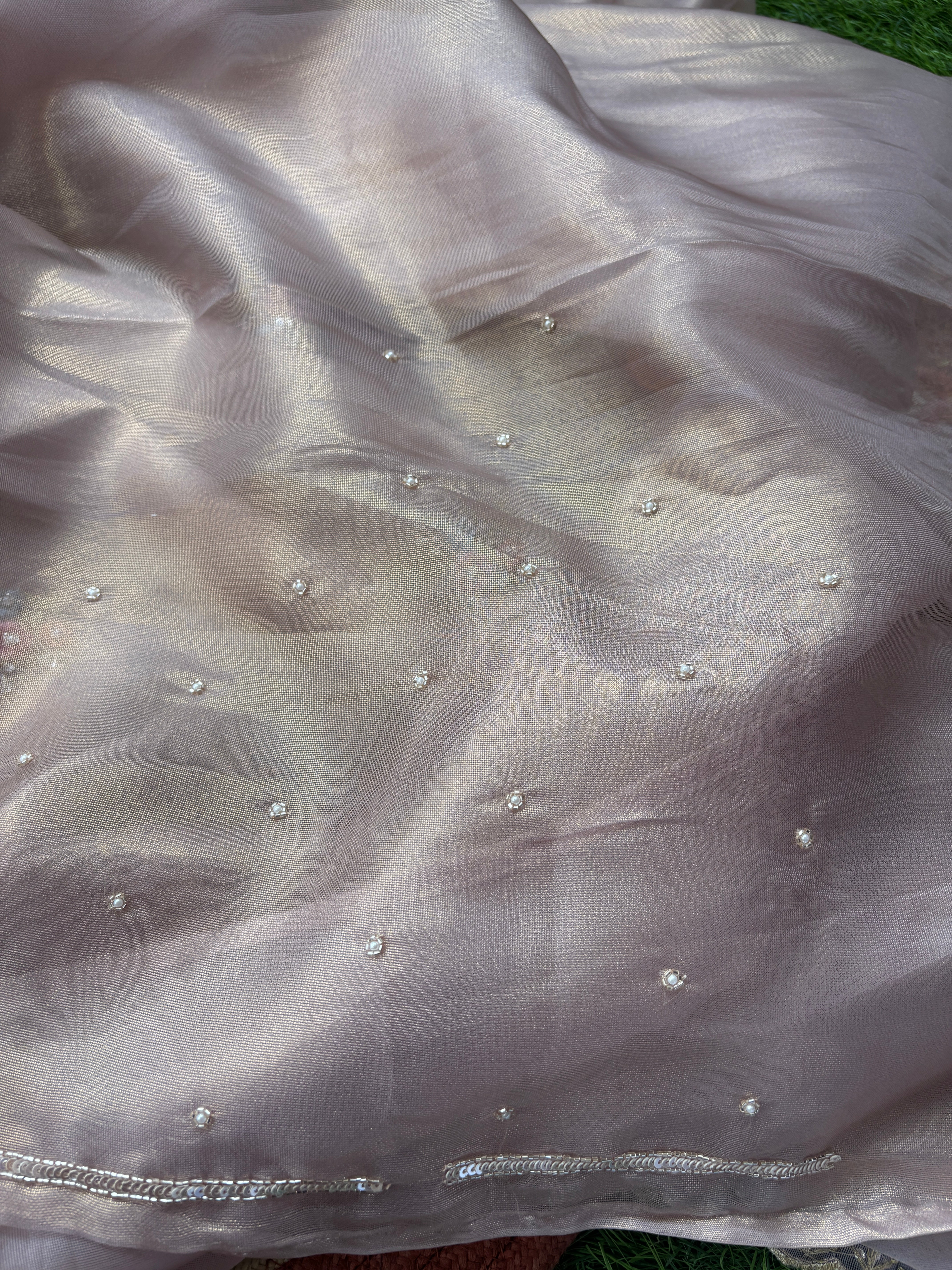 Elegant Onion Pink Tissue Net Designer Saree with Multicolor Floral Embroidery Border