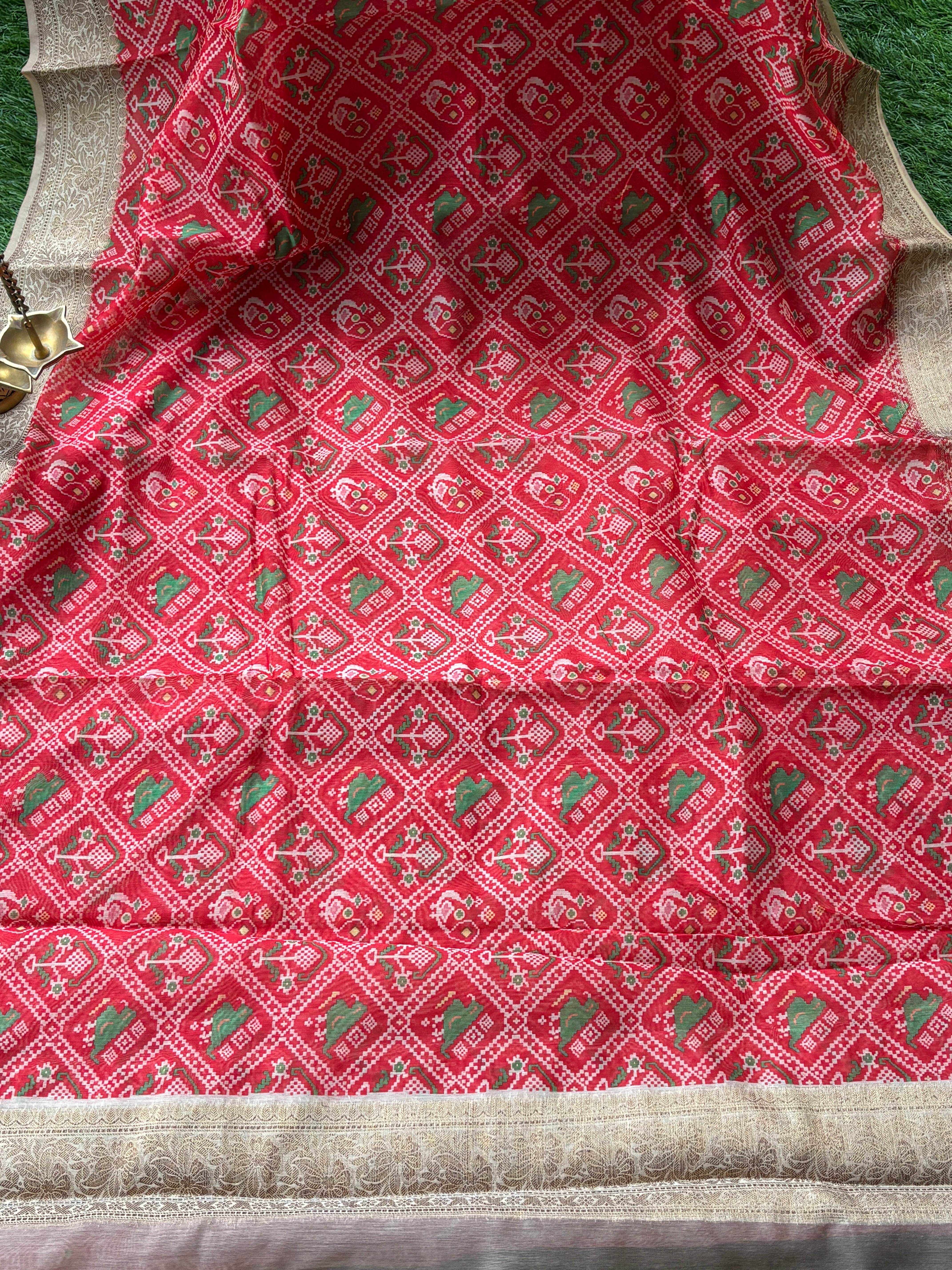 Red Banarasi Mercerised Cotton Saree | Digital Print Saree | Chandrika Lifestyles